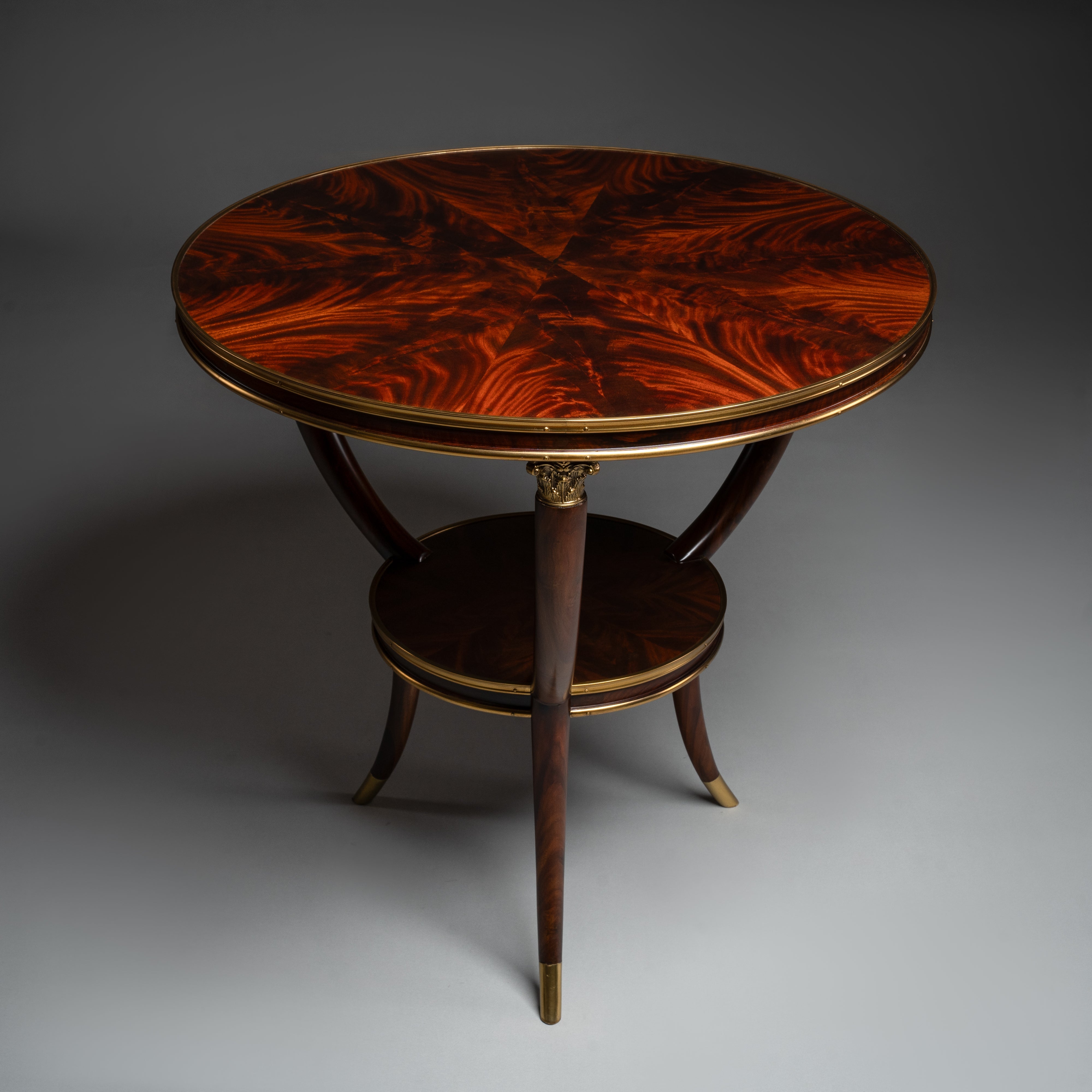Round Empire Style Center Table with Brass Accents and Mahogany Veneer