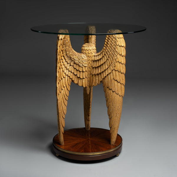 Round Glass-Top Side Table with Ornate Carved Gilded Wings
