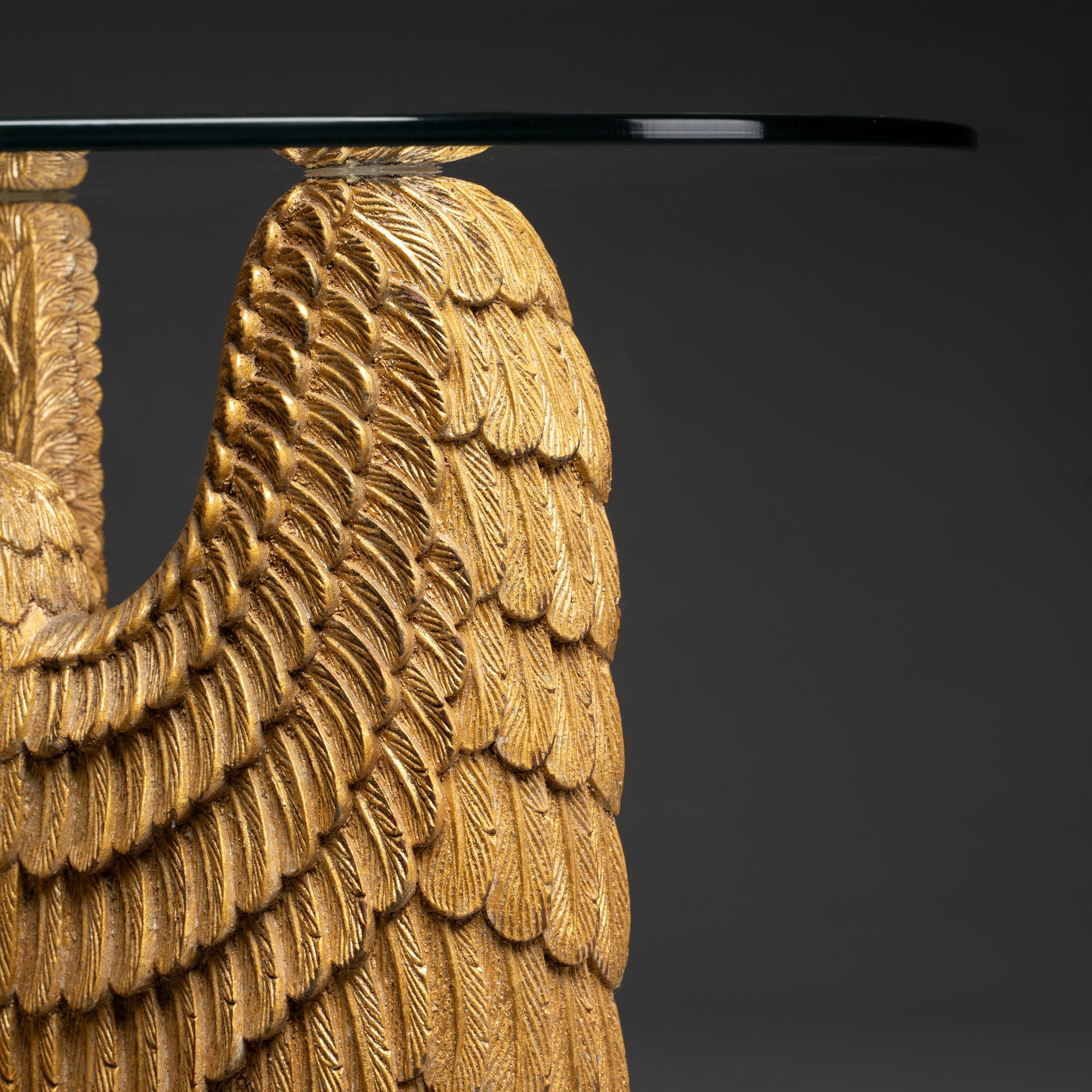 Round Glass-Top Side Table with Ornate Carved Gilded Wings