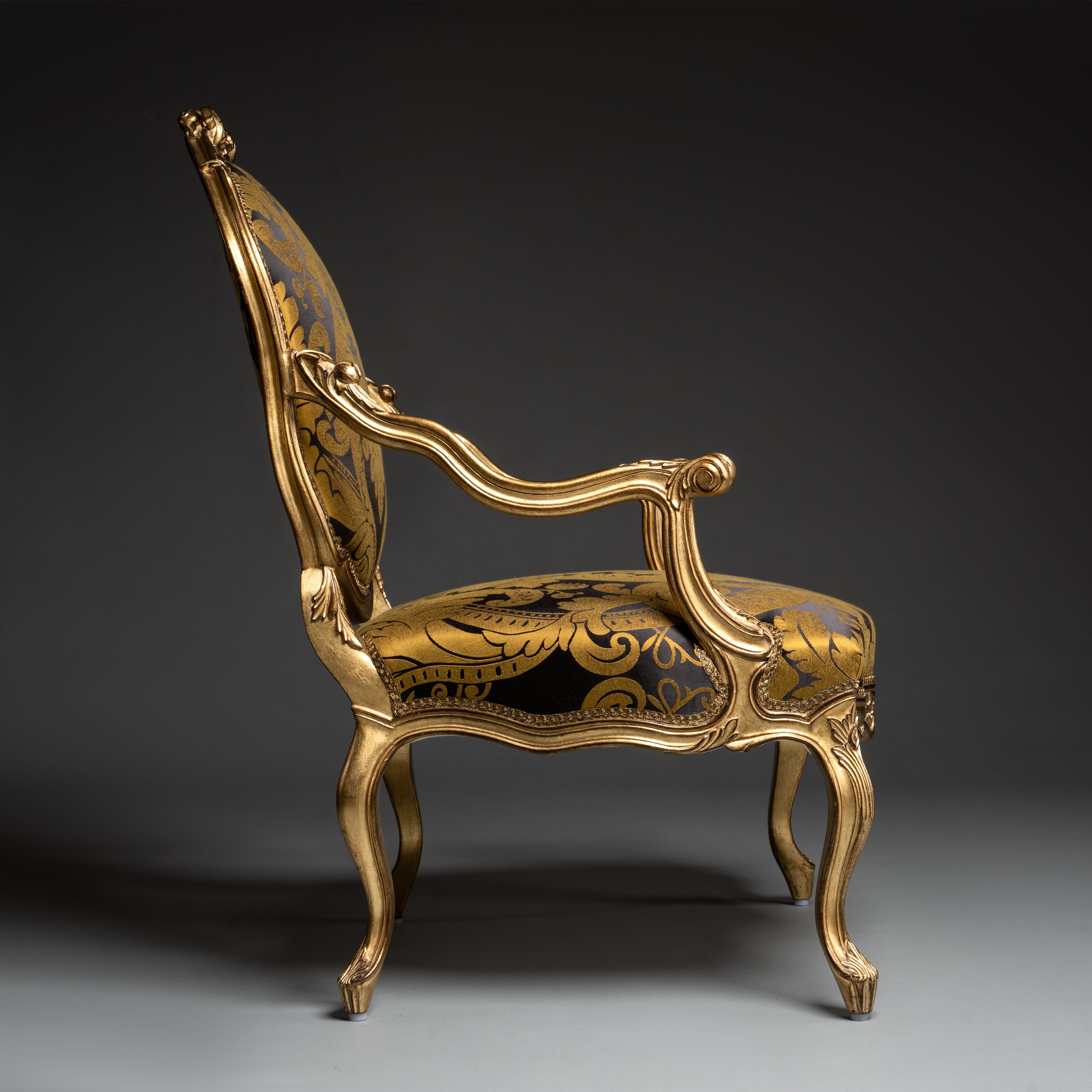 Baroque-Style Gilded Armchair with Black and Gold Damask Upholstery