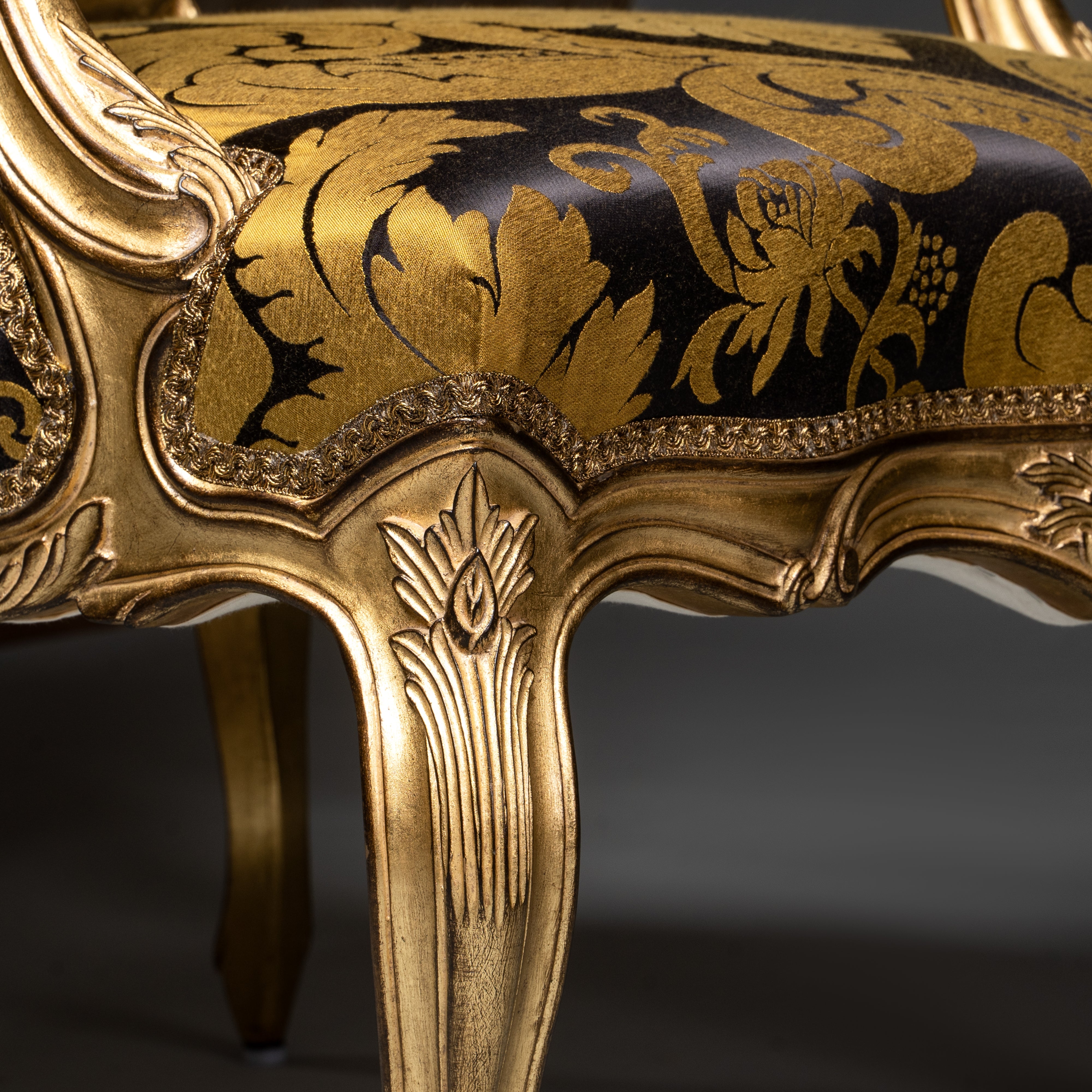 Baroque-Style Gilded Armchair with Black and Gold Damask Upholstery
