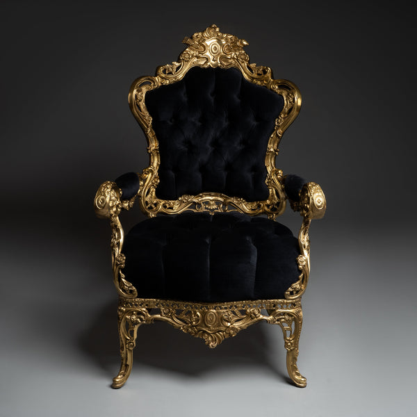 Baroque-Style Armchair with Brass Frame and Black Velvet Upholstery