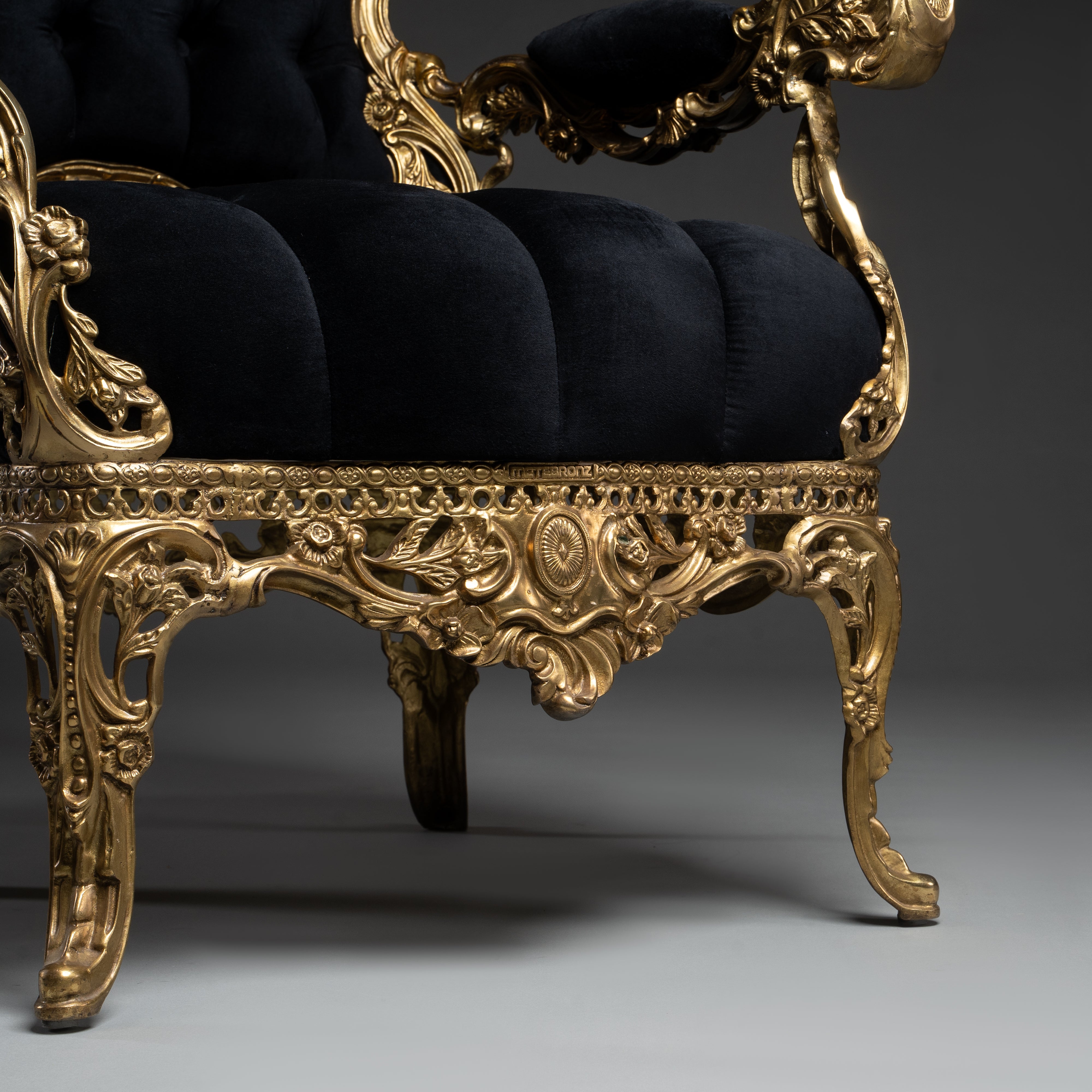 Baroque-Style Armchair with Brass Frame and Black Velvet Upholstery