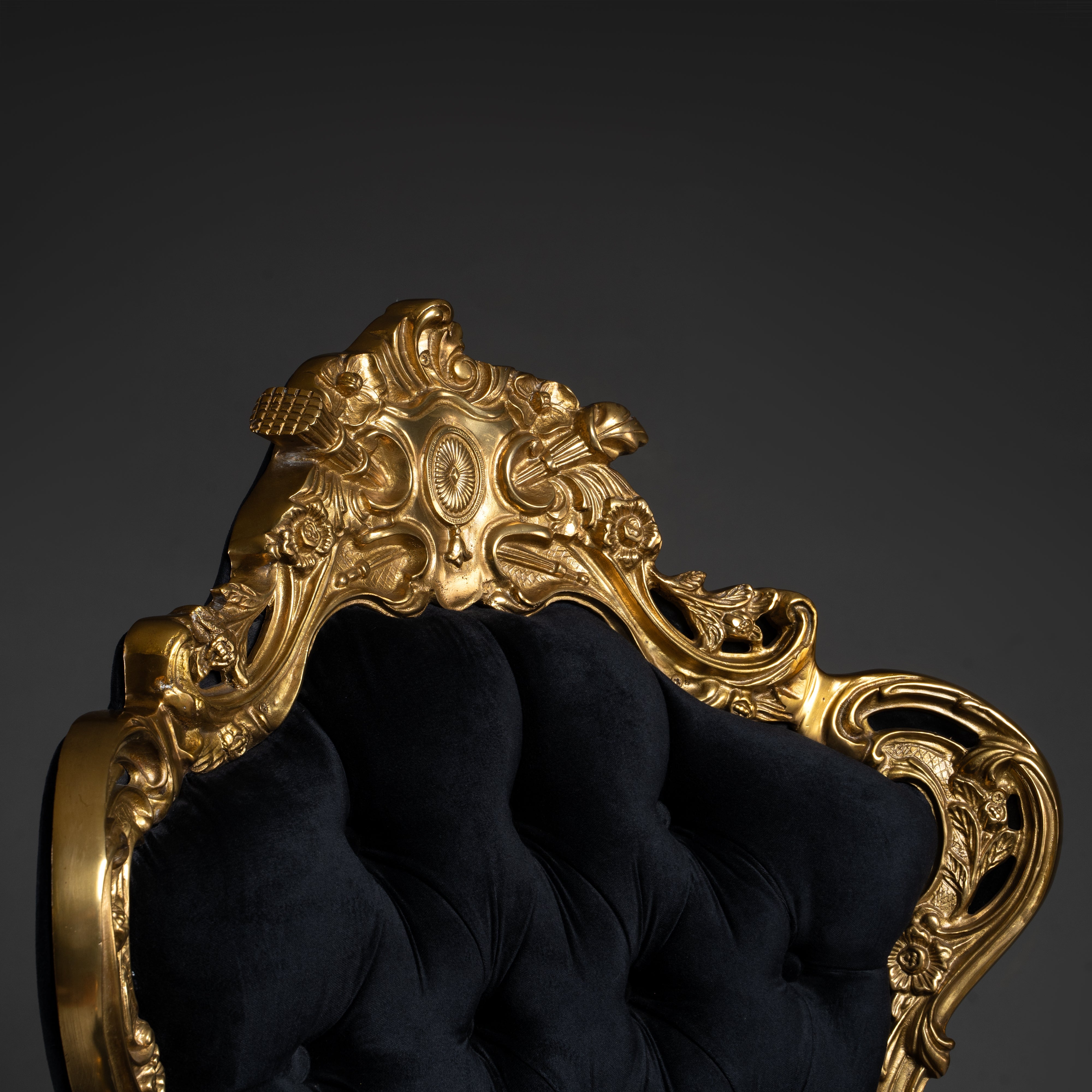 Baroque-Style Armchair with Brass Frame and Black Velvet Upholstery