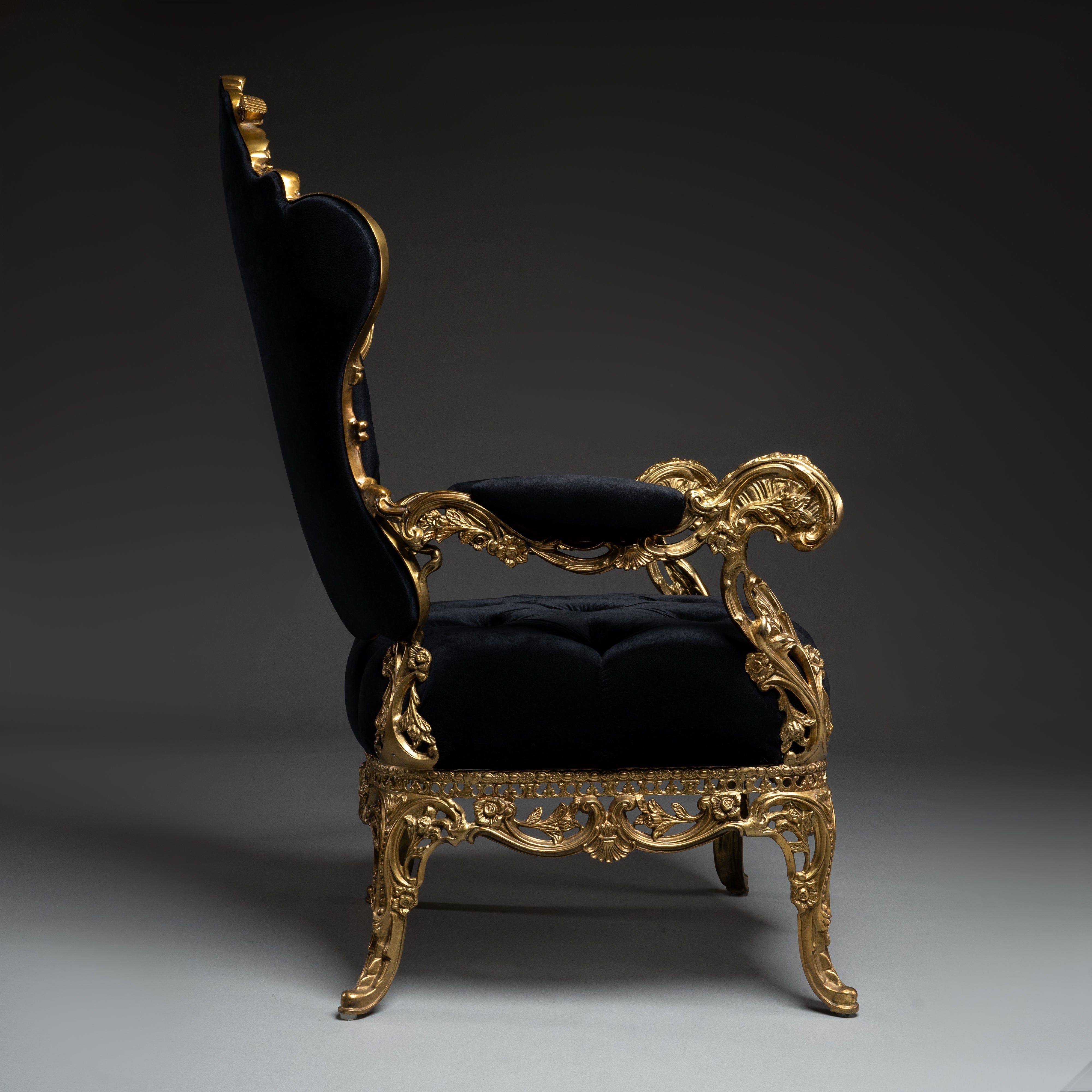 Baroque-Style Armchair with Brass Frame and Black Velvet Upholstery