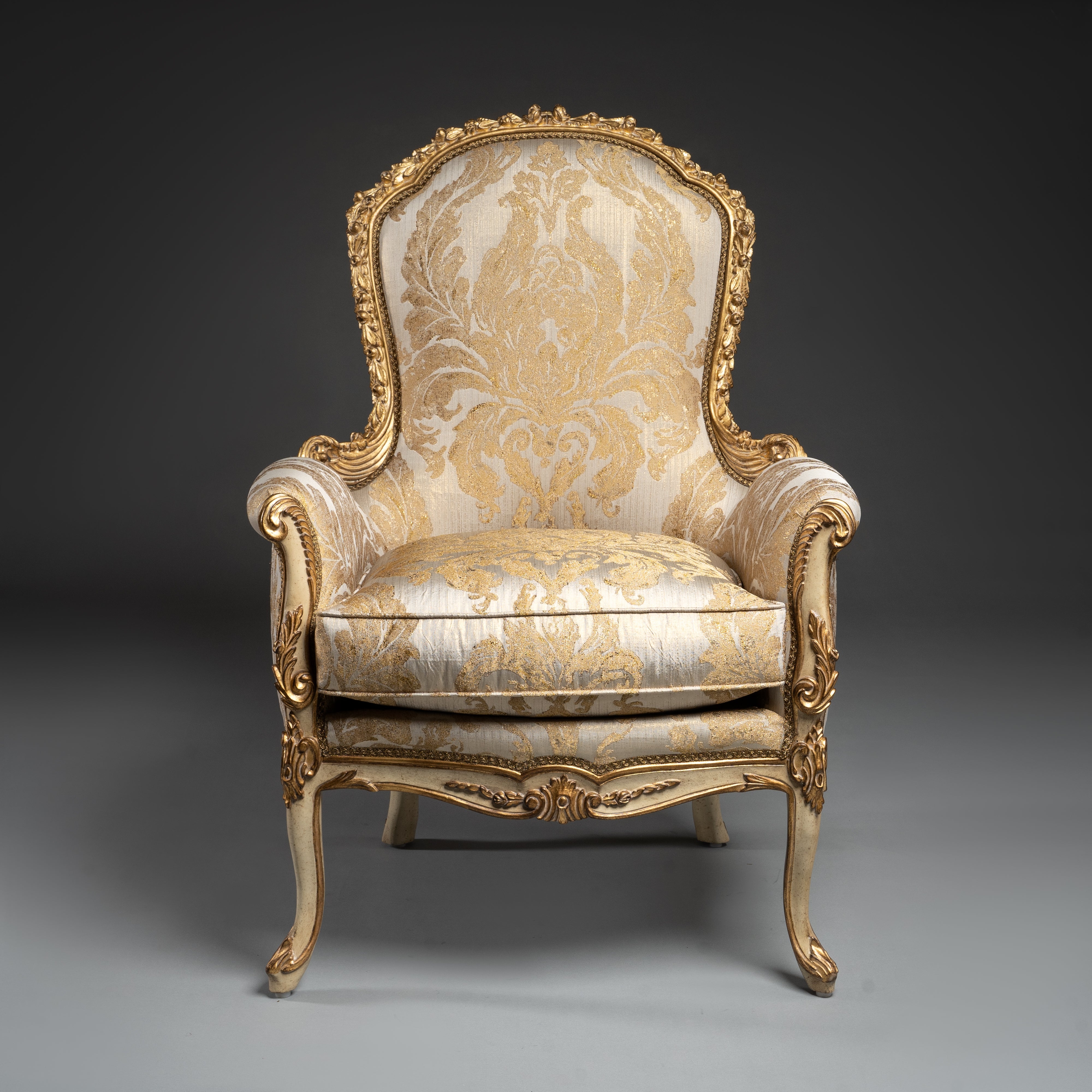 Louis XV-Style Gilded Armchair with Gold Brocade Upholstery