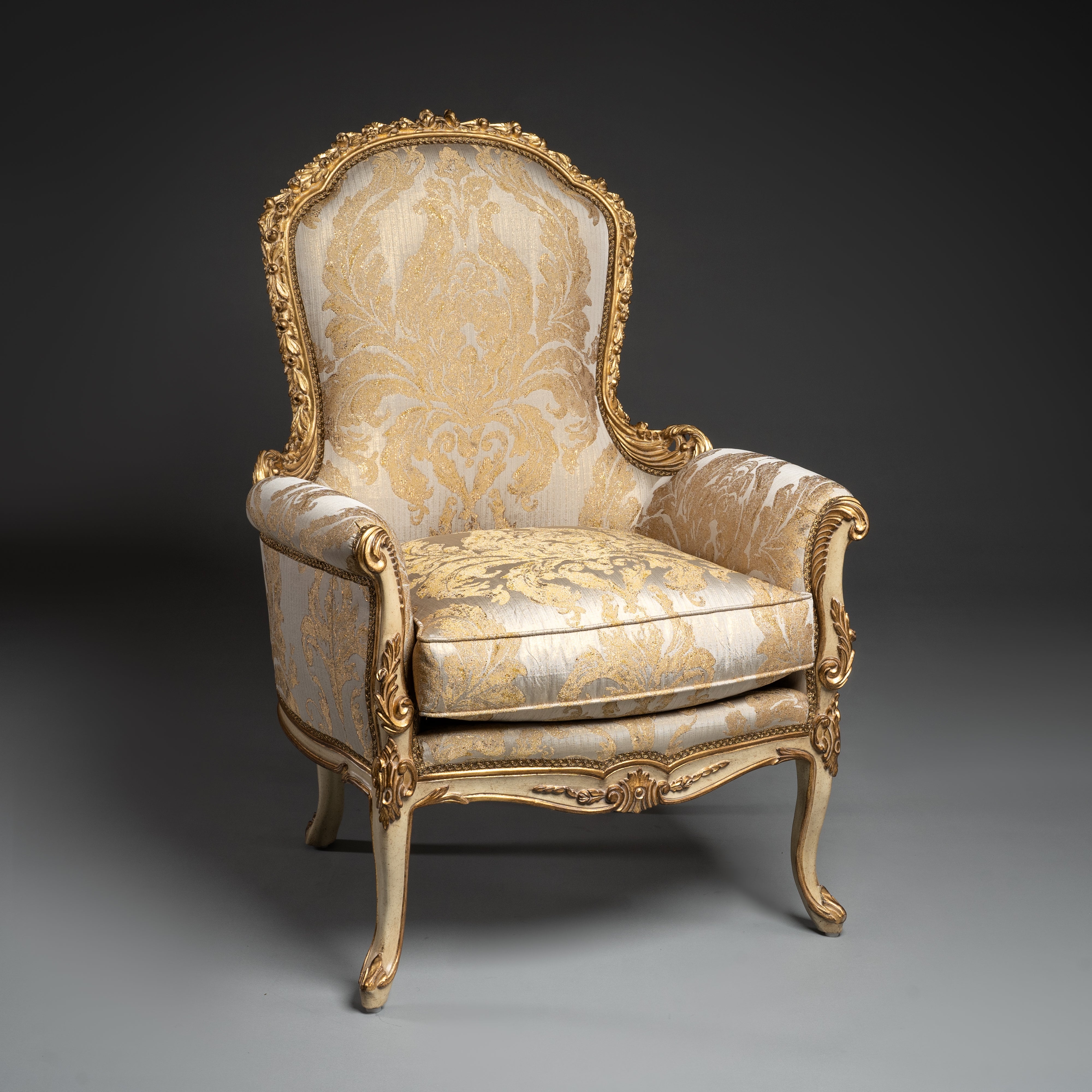 Louis XV-Style Gilded Armchair with Gold Brocade Upholstery