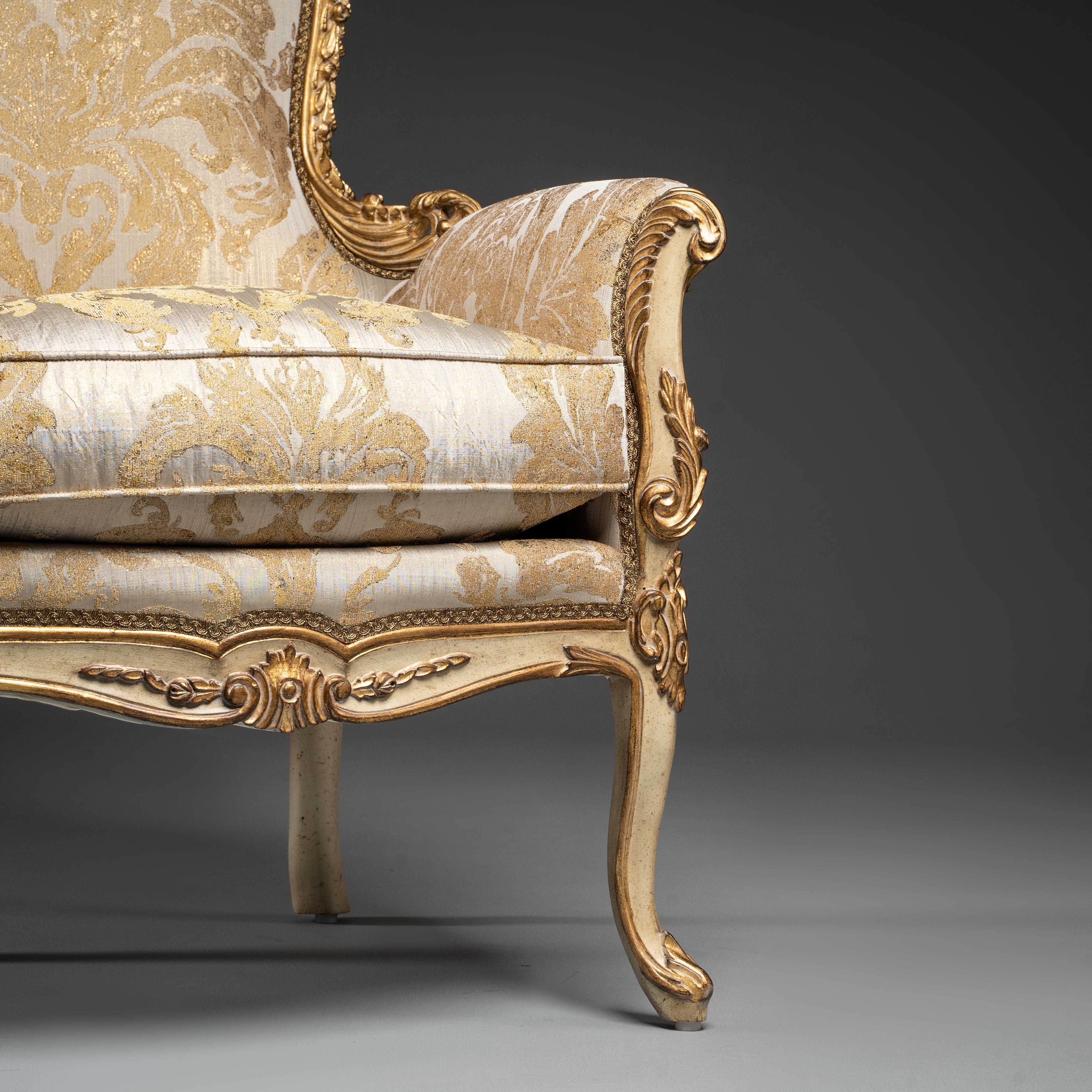 Louis XV-Style Gilded Armchair with Gold Brocade Upholstery