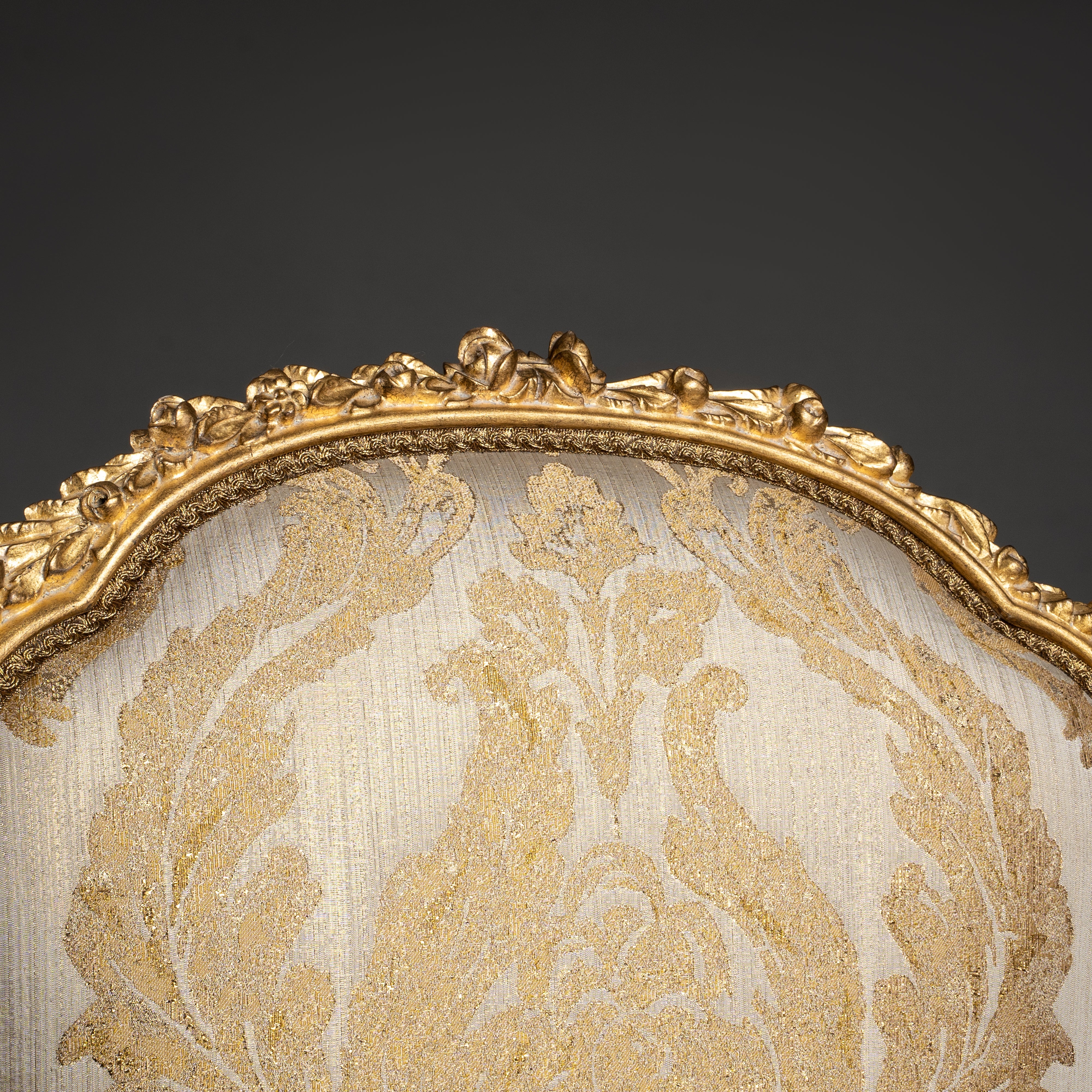 Louis XV-Style Gilded Armchair with Gold Brocade Upholstery