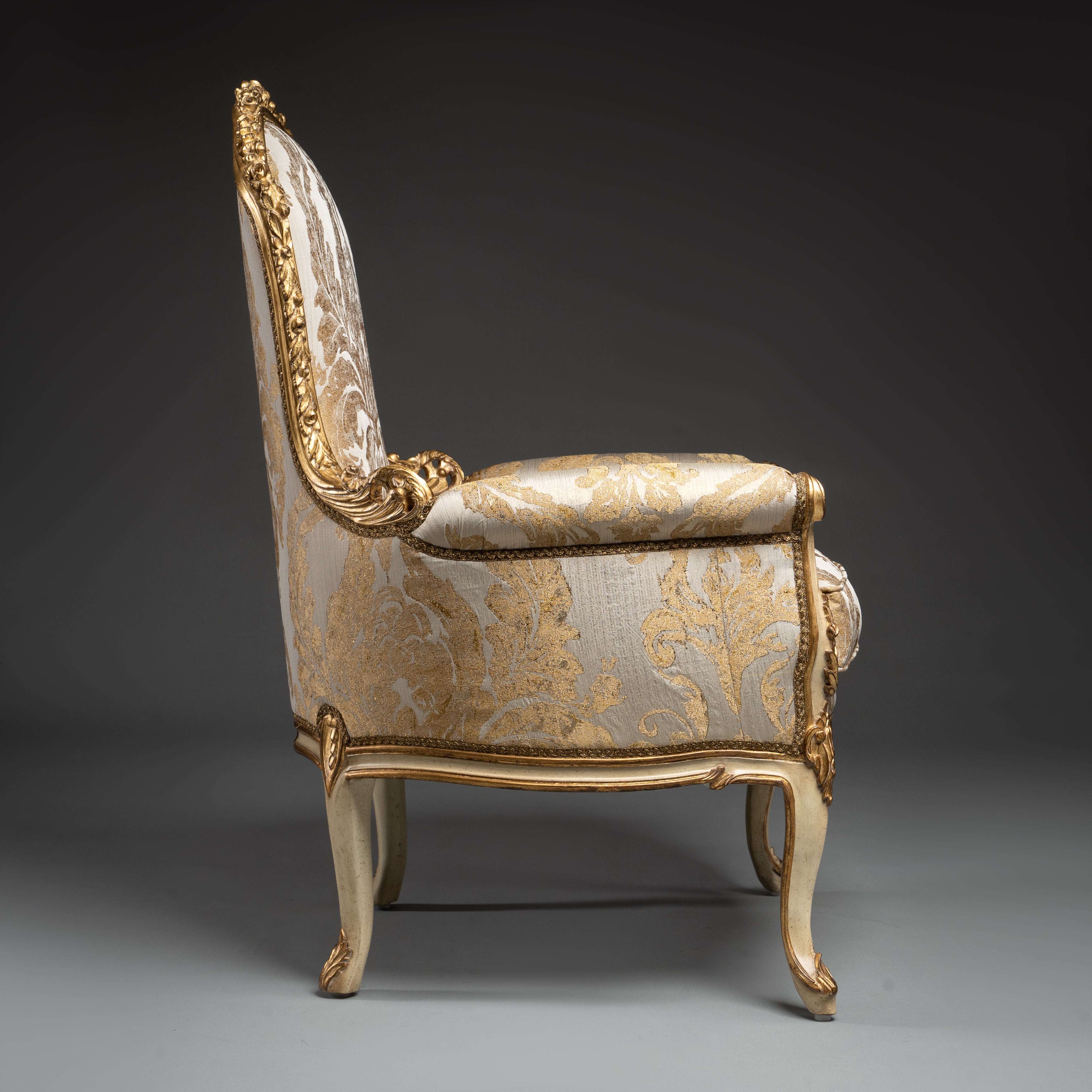 Louis XV-Style Gilded Armchair with Gold Brocade Upholstery