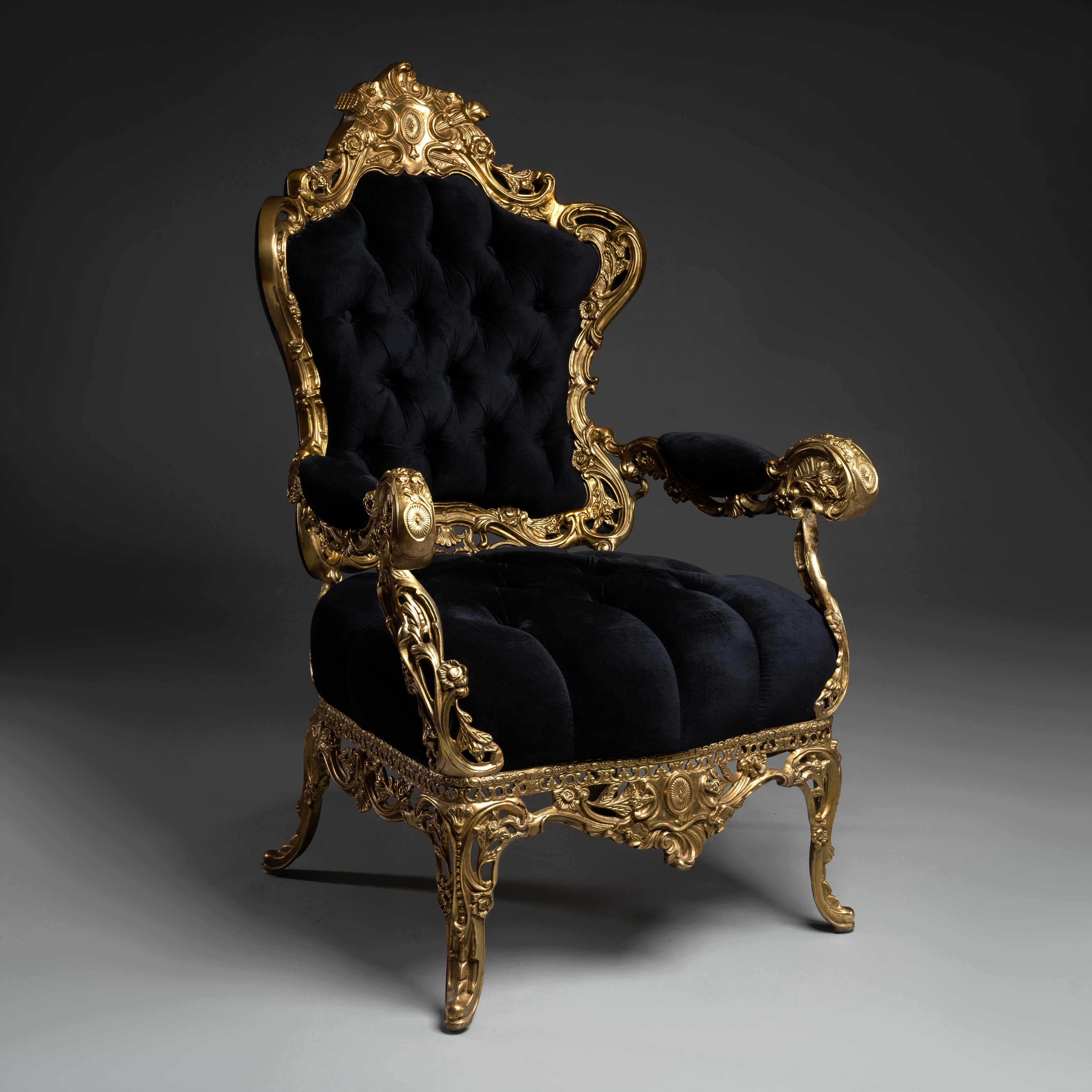 Baroque-Style Armchair with Brass Frame and Black Velvet Upholstery