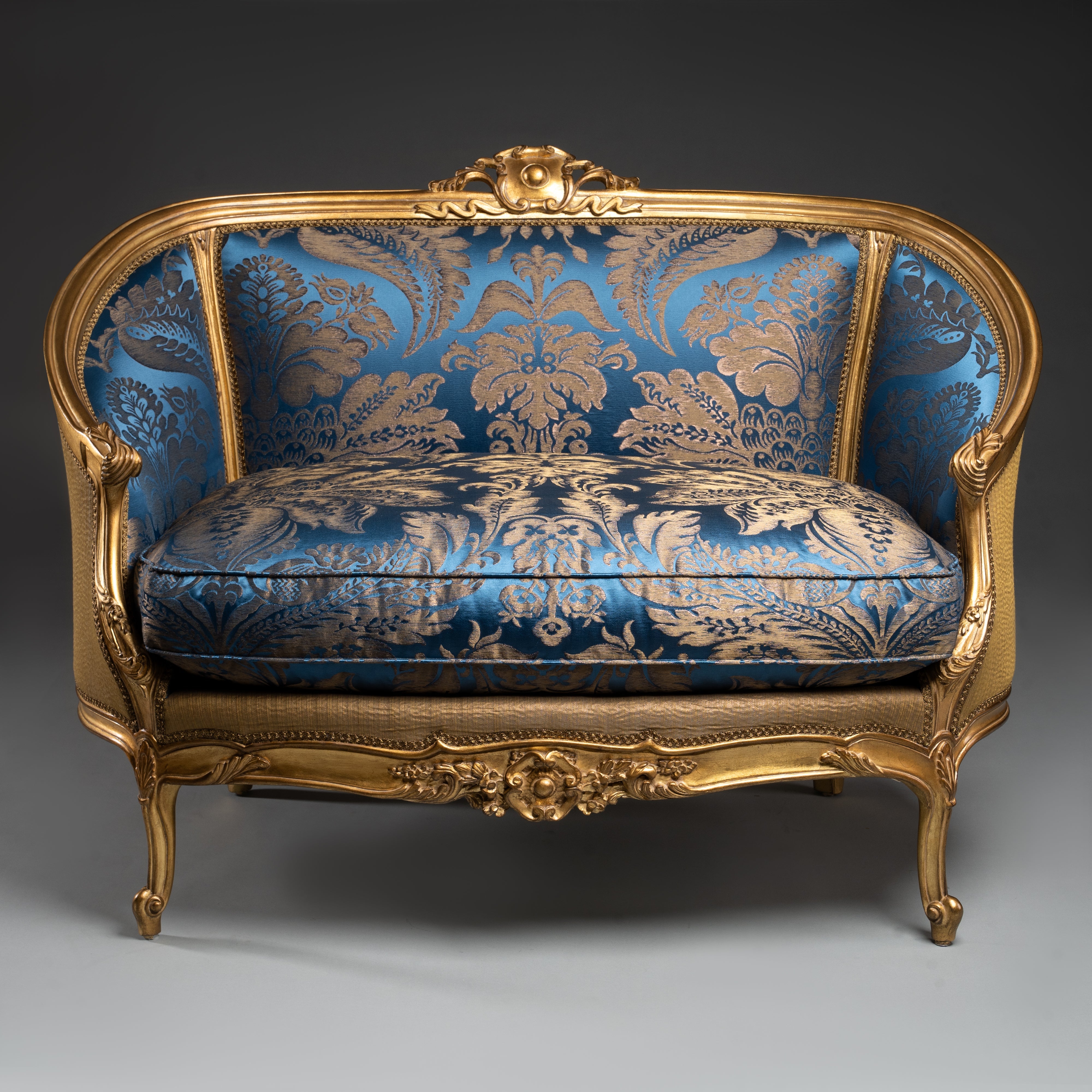 Louis XV-Style Gilded Settee with Blue and Gold Brocade Upholstery