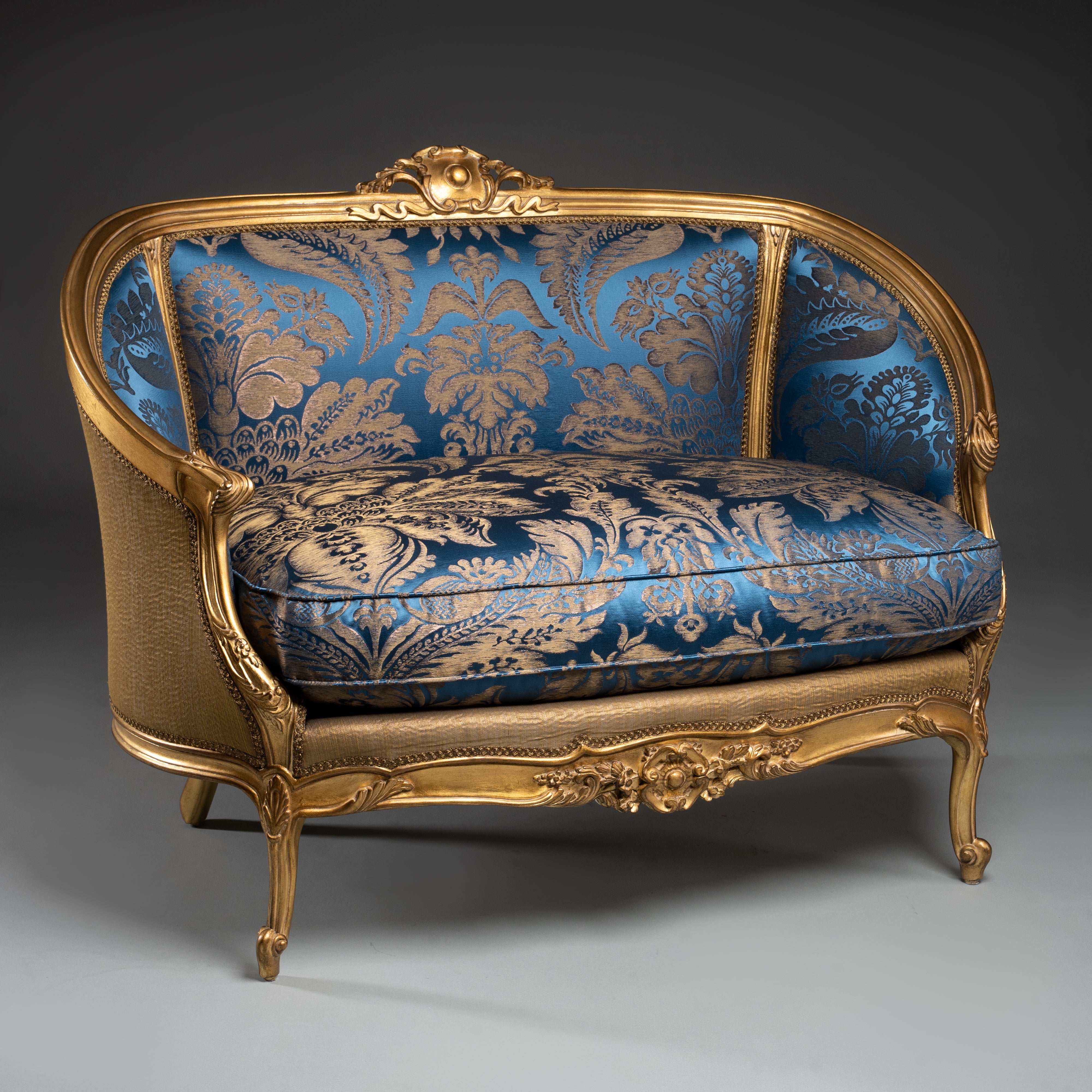 Louis XV-Style Gilded Settee with Blue and Gold Brocade Upholstery