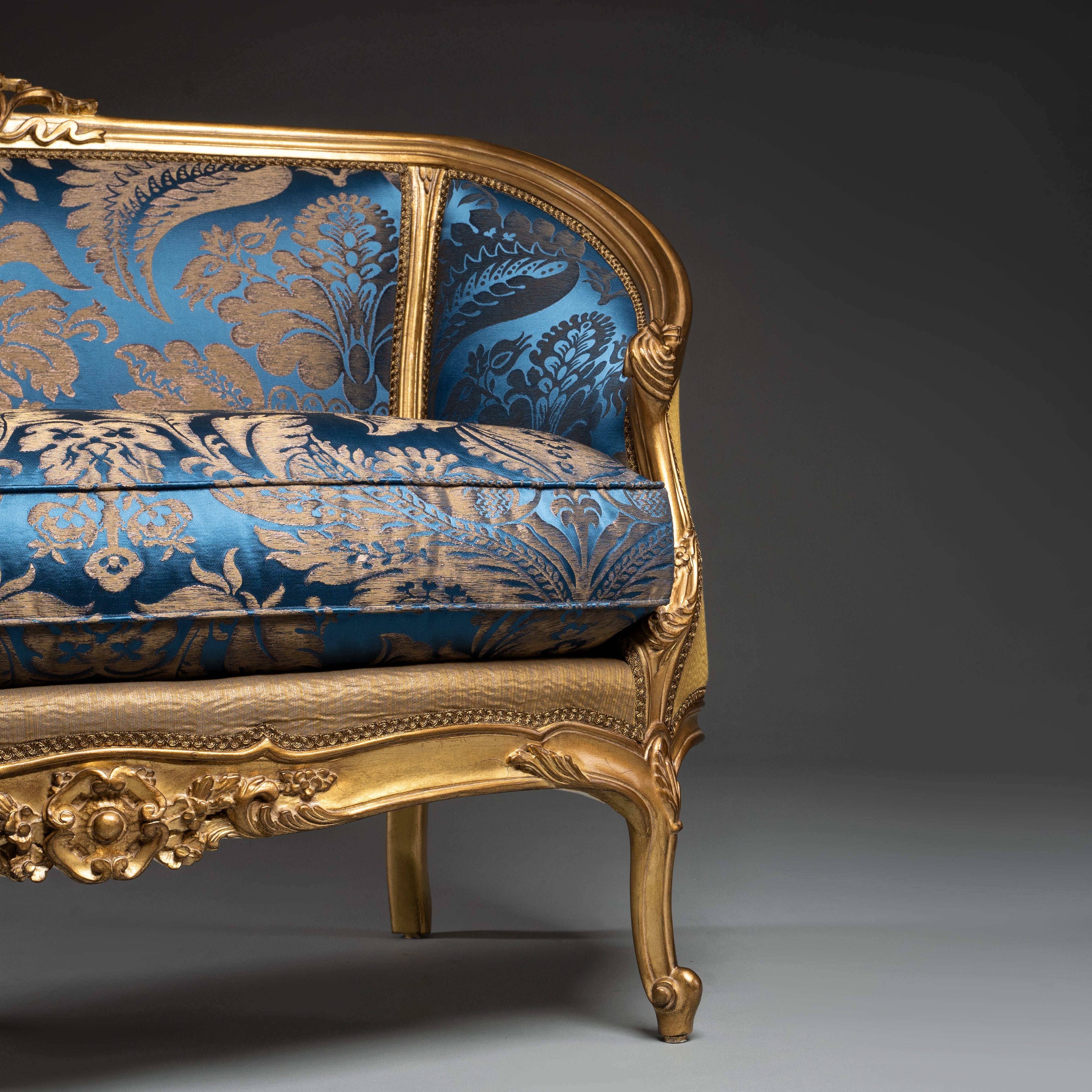 Louis XV-Style Gilded Settee with Blue and Gold Brocade Upholstery
