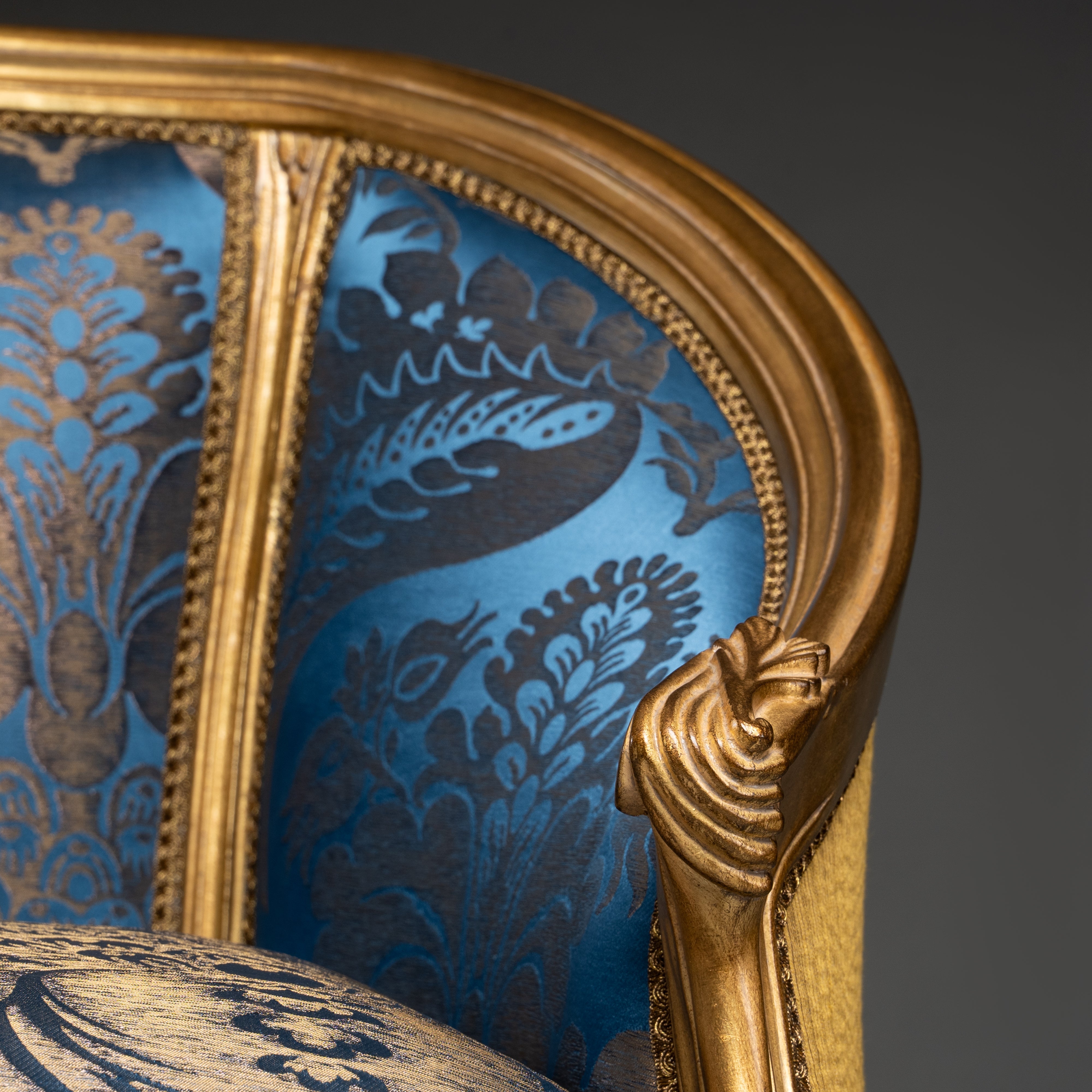 Louis XV-Style Gilded Settee with Blue and Gold Brocade Upholstery
