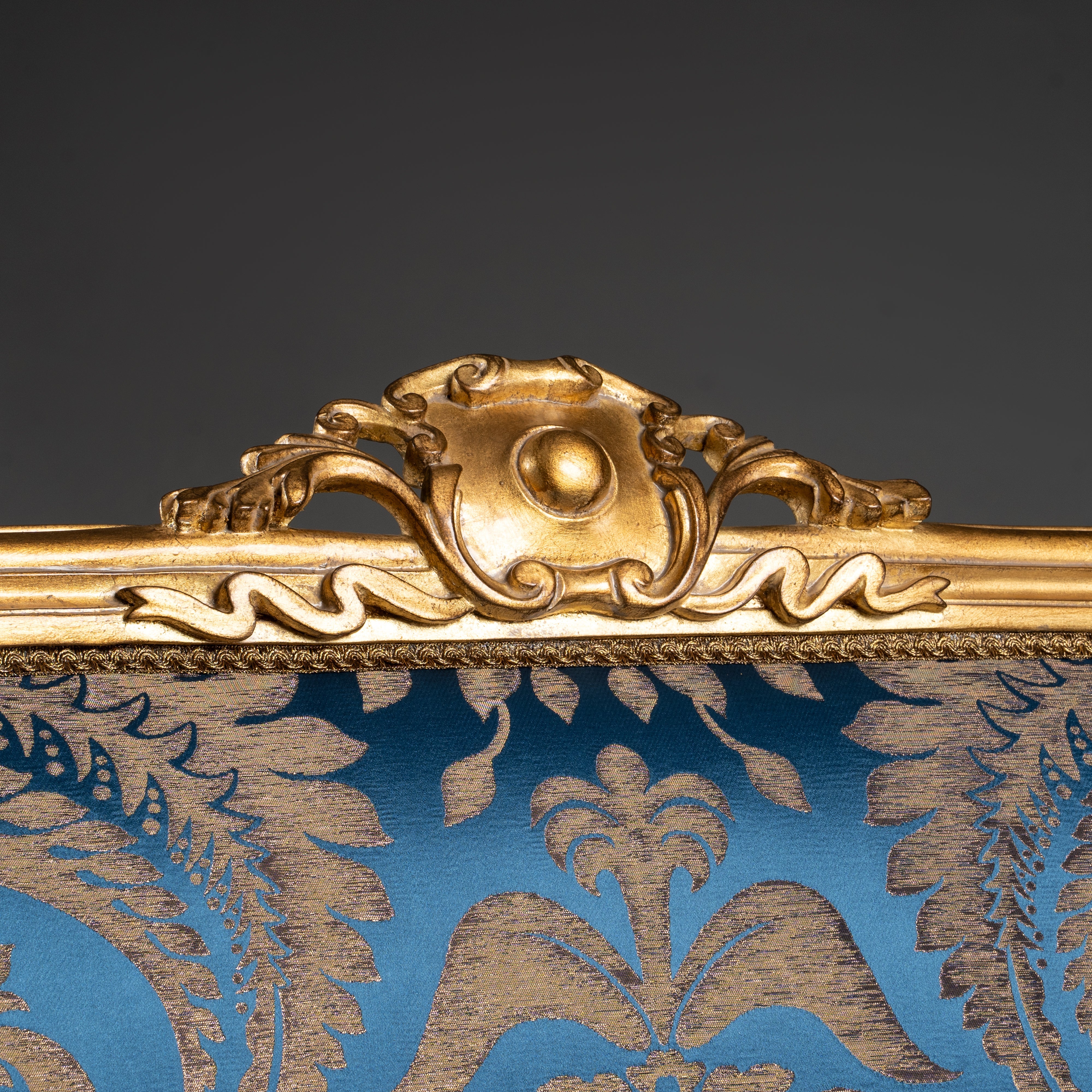 Louis XV-Style Gilded Settee with Blue and Gold Brocade Upholstery