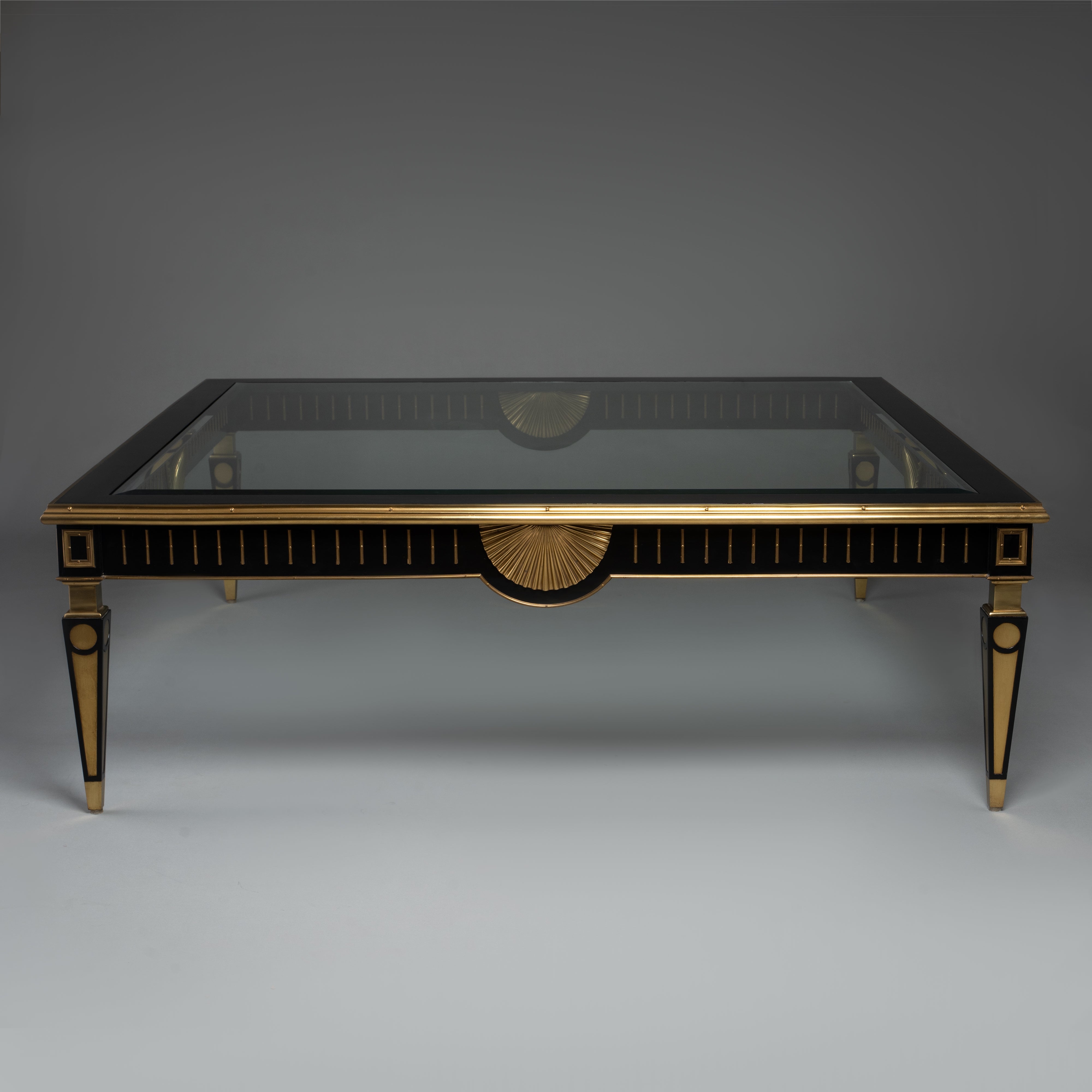 Art Deco Style Square Coffee Table with Glass Top and Brass Detailing