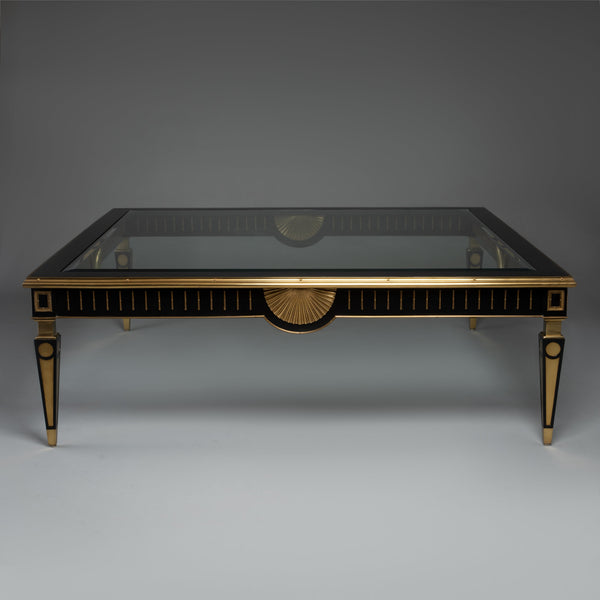 Art Deco Style Square Coffee Table with Glass Top and Brass Detailing