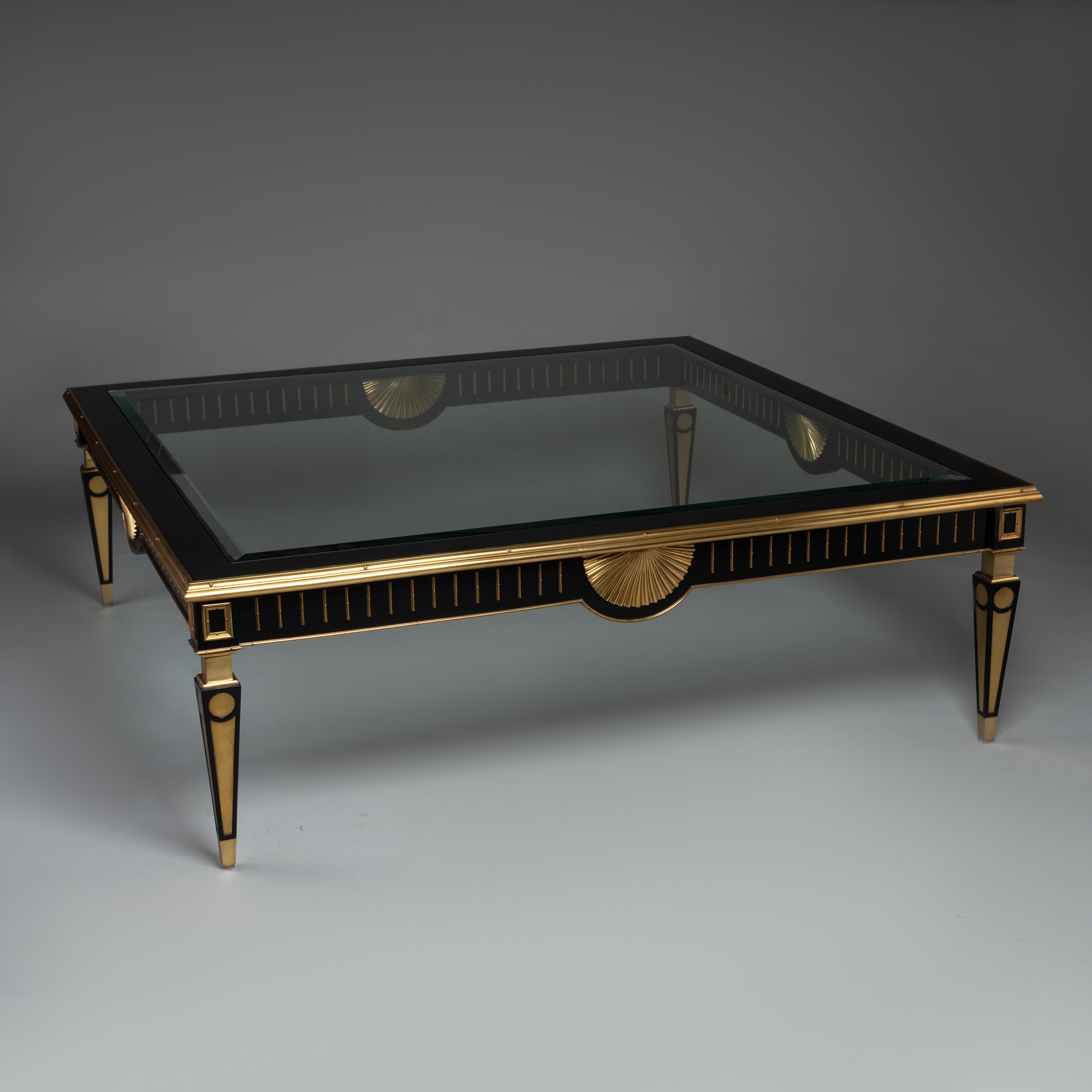 Art Deco Style Square Coffee Table with Glass Top and Brass Detailing