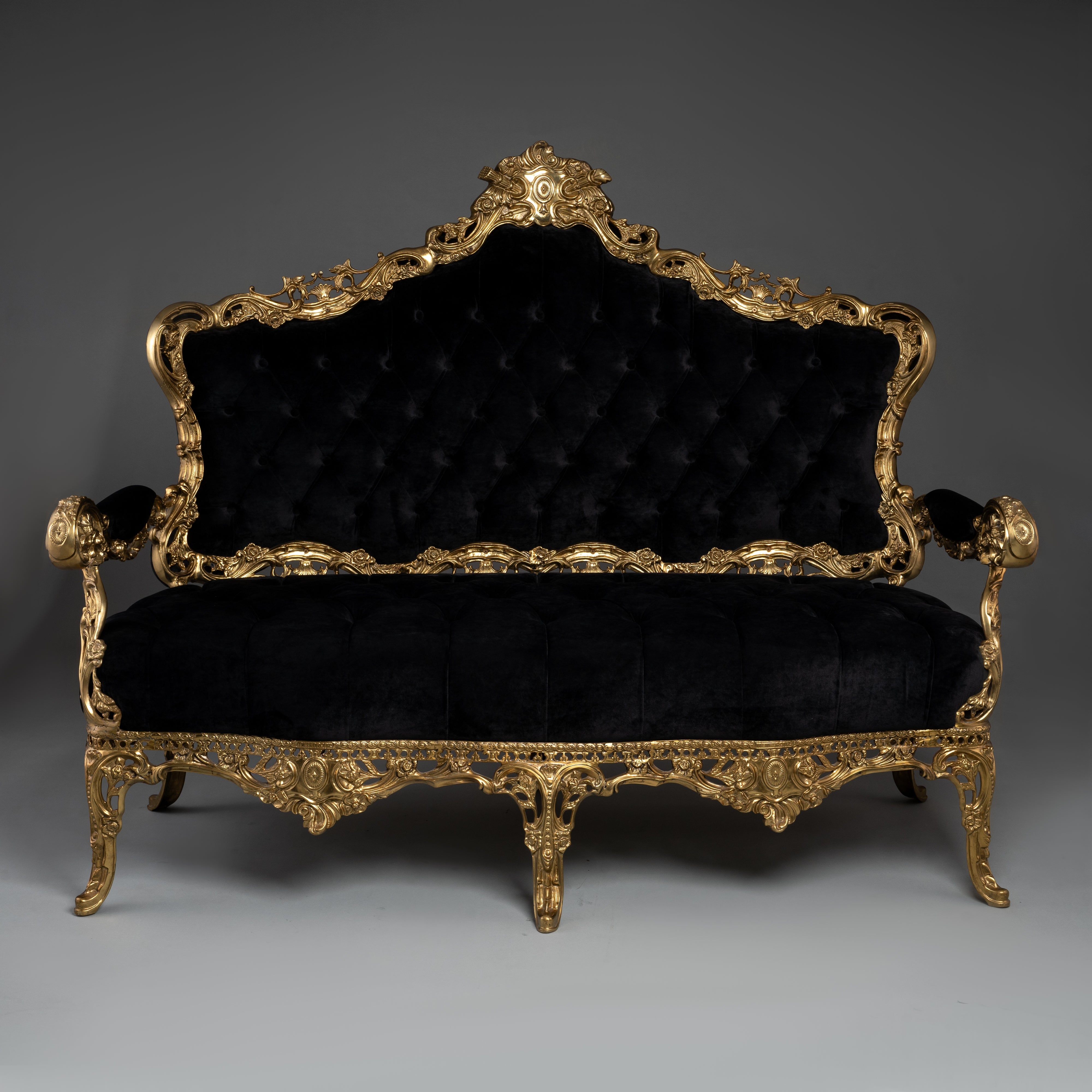 Baroque-Style Sofa with Black Tufted Velvet Upholstery and Brass Frame