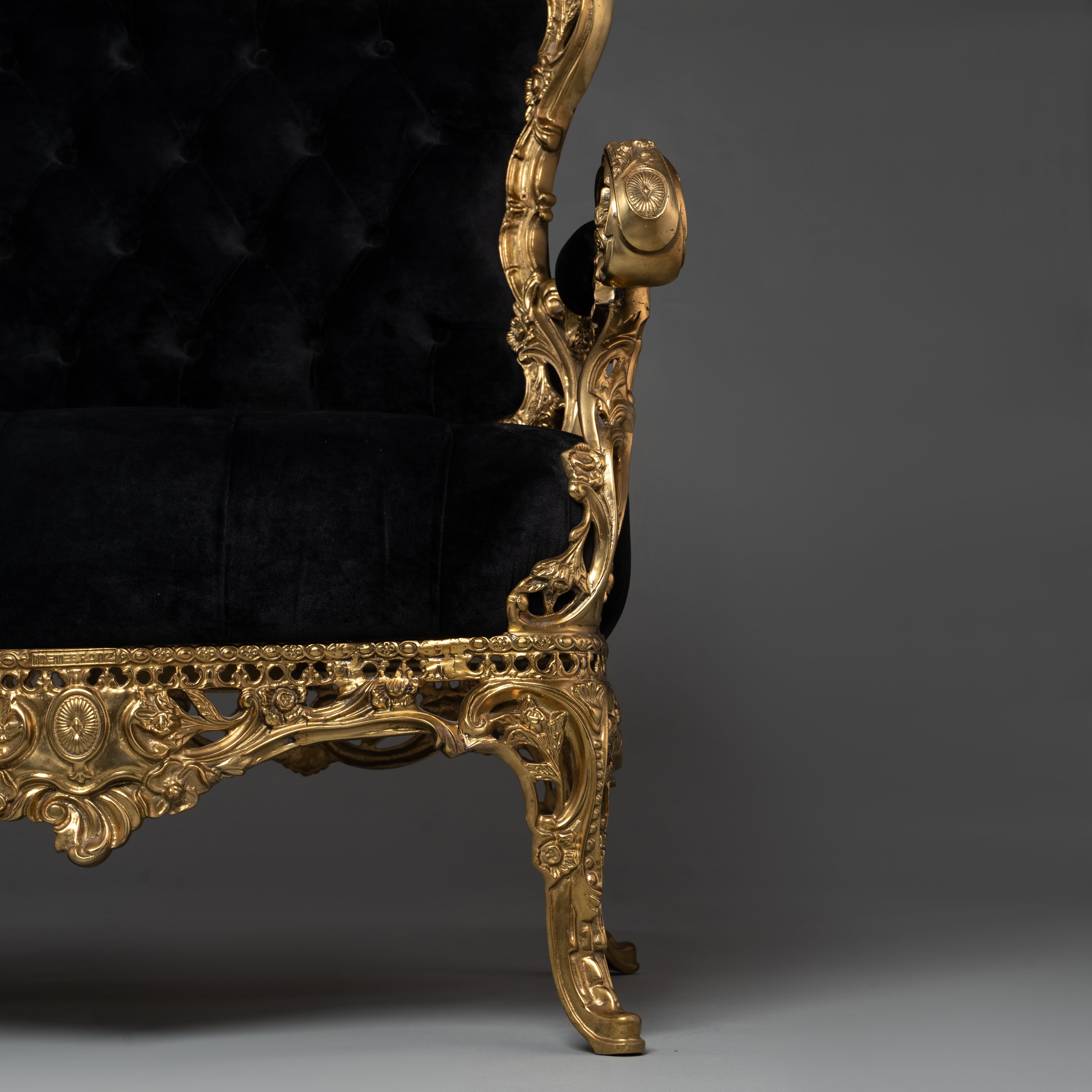 Baroque-Style Sofa with Black Tufted Velvet Upholstery and Brass Frame