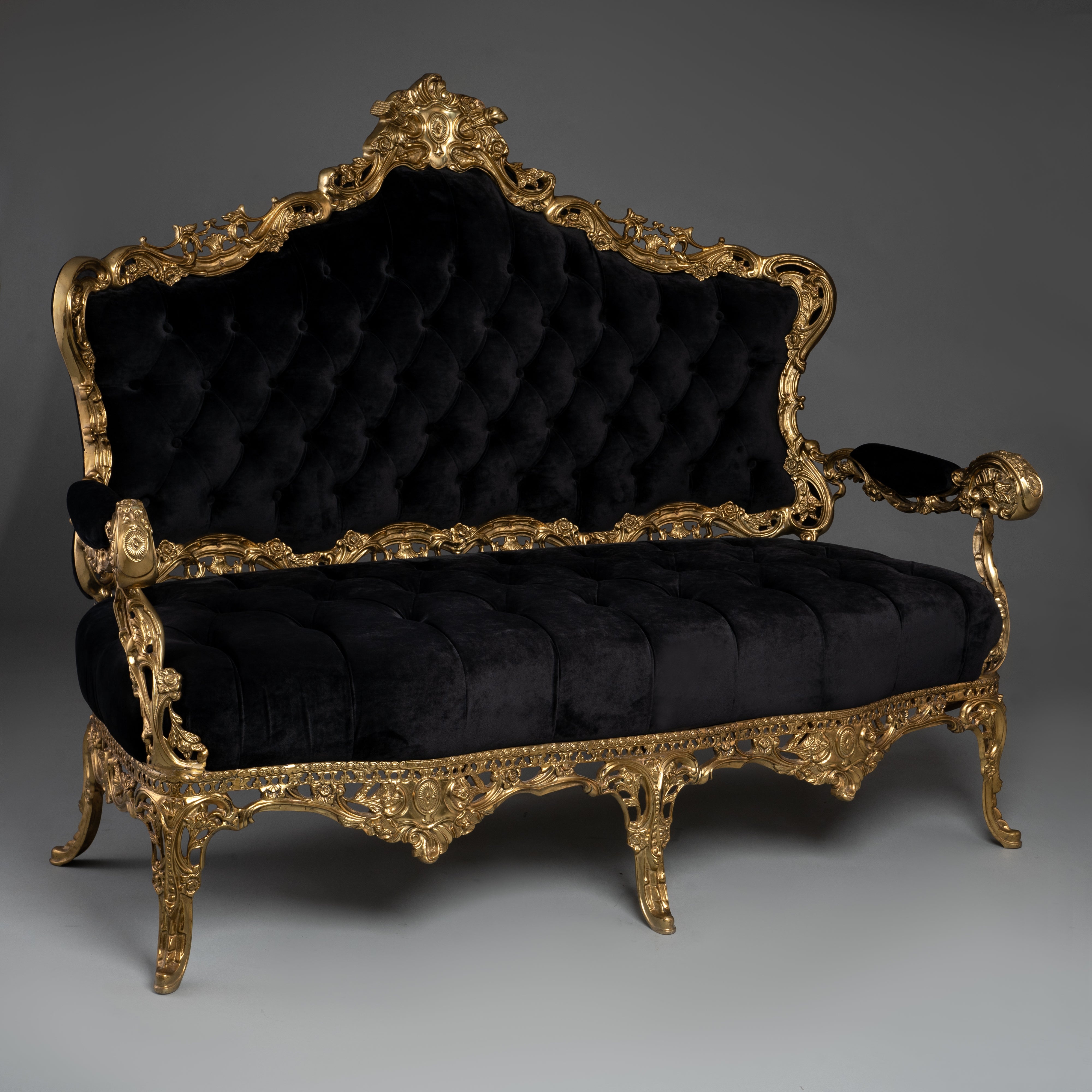 Baroque-Style Sofa with Black Tufted Velvet Upholstery and Brass Frame