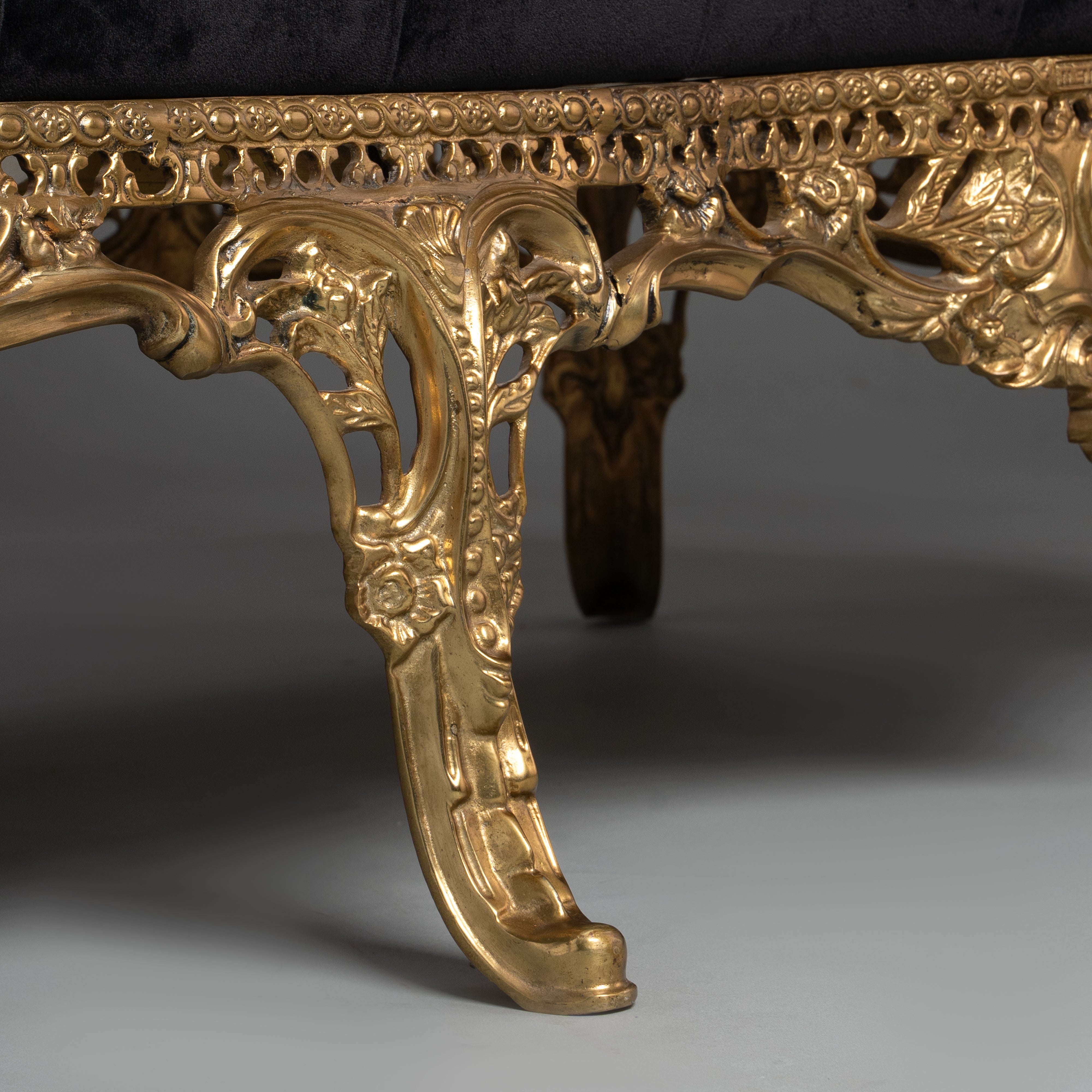 Baroque-Style Sofa with Black Tufted Velvet Upholstery and Brass Frame