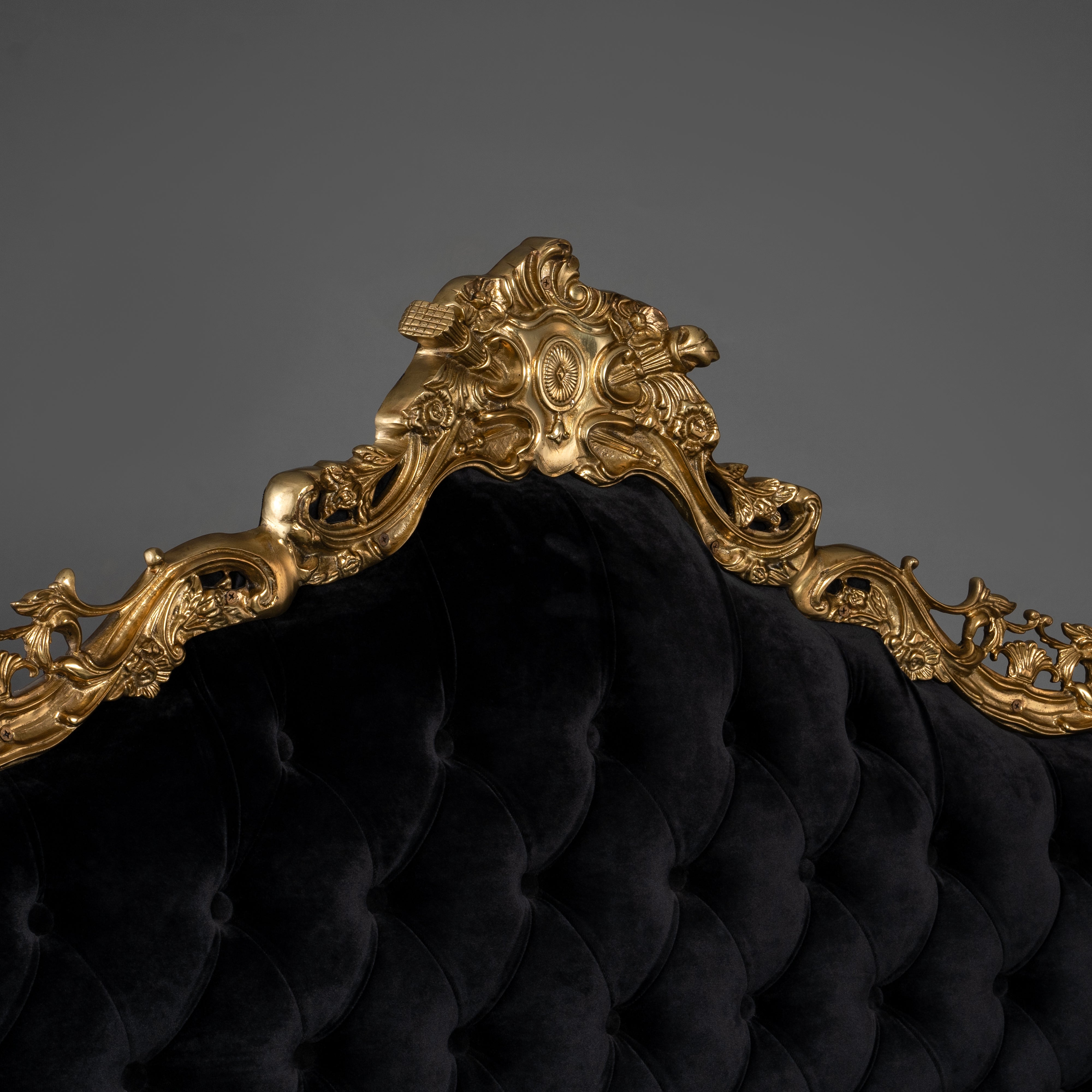 Baroque-Style Sofa with Black Tufted Velvet Upholstery and Brass Frame