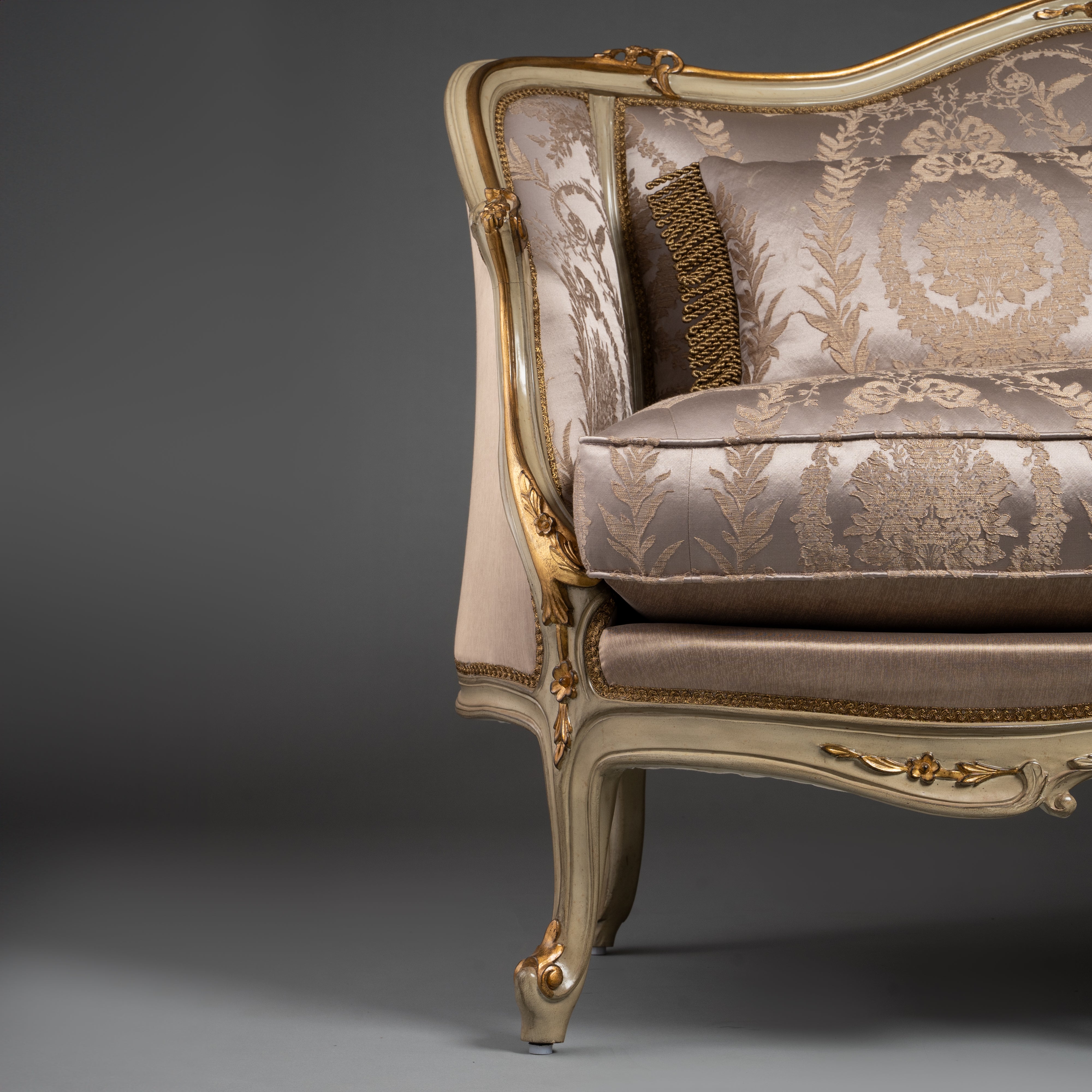 Louis XV-Style Sofa with Ivory and Gold Brocade Upholstery and Gilded Accents