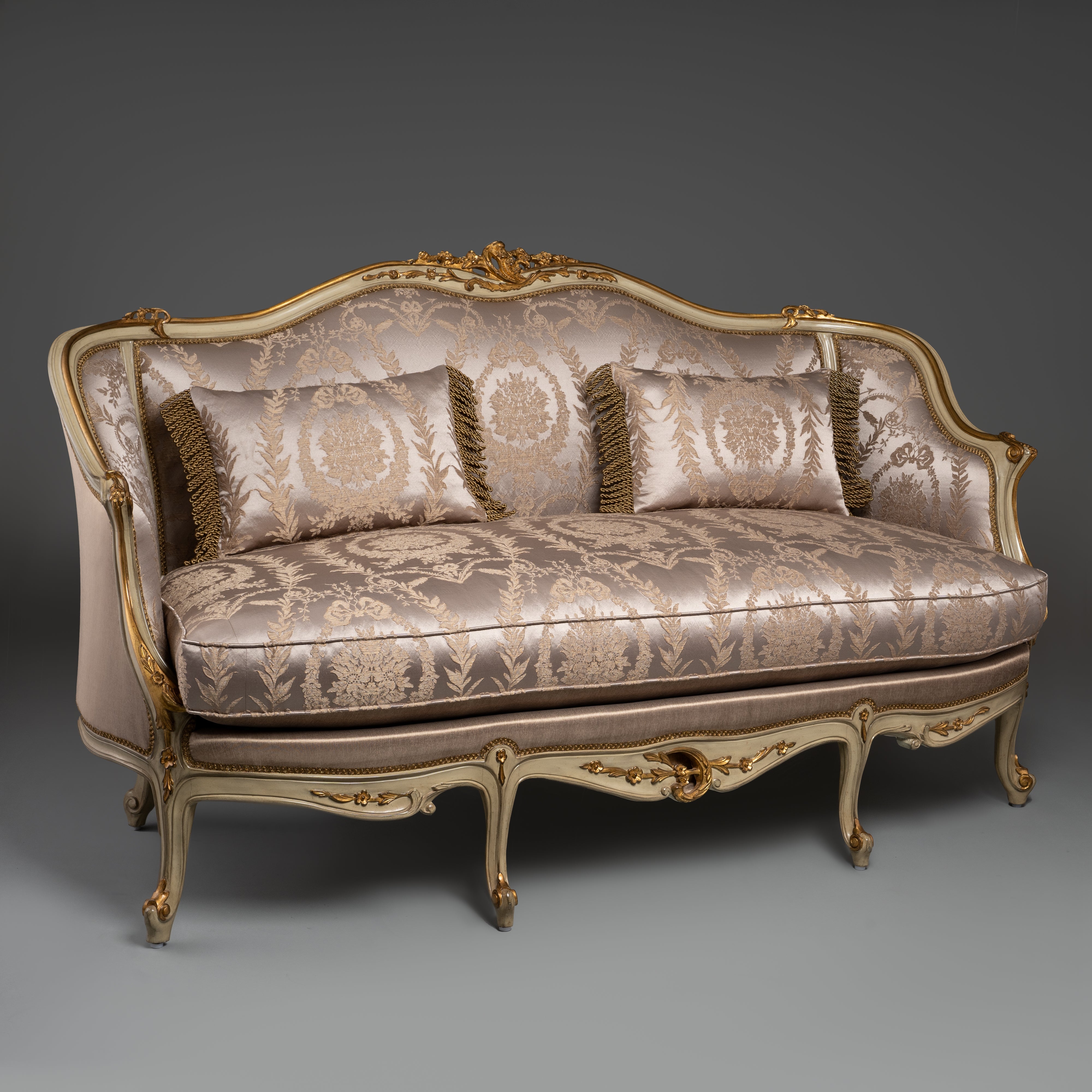 Louis XV-Style Sofa with Ivory and Gold Brocade Upholstery and Gilded Accents
