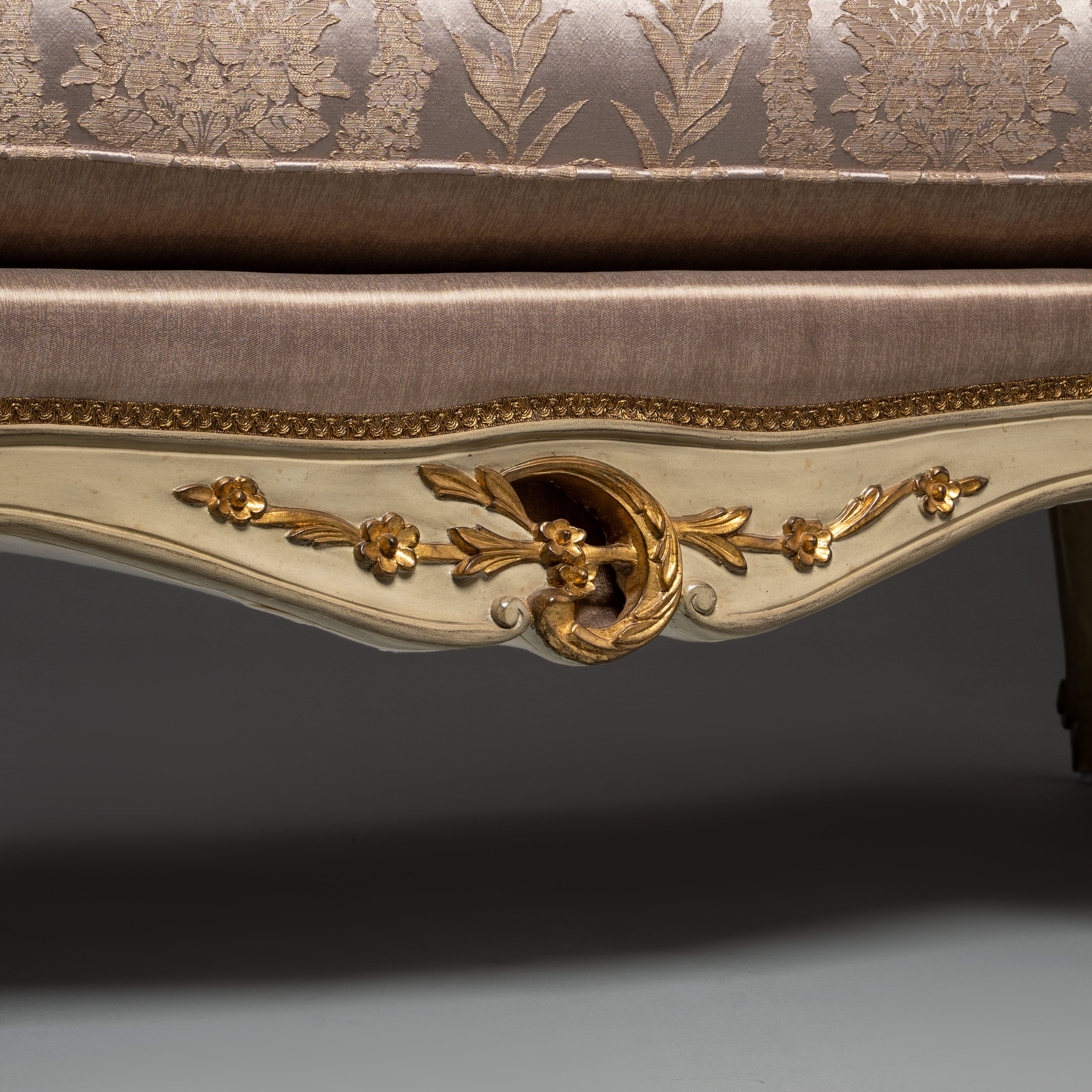Louis XV-Style Sofa with Ivory and Gold Brocade Upholstery and Gilded Accents