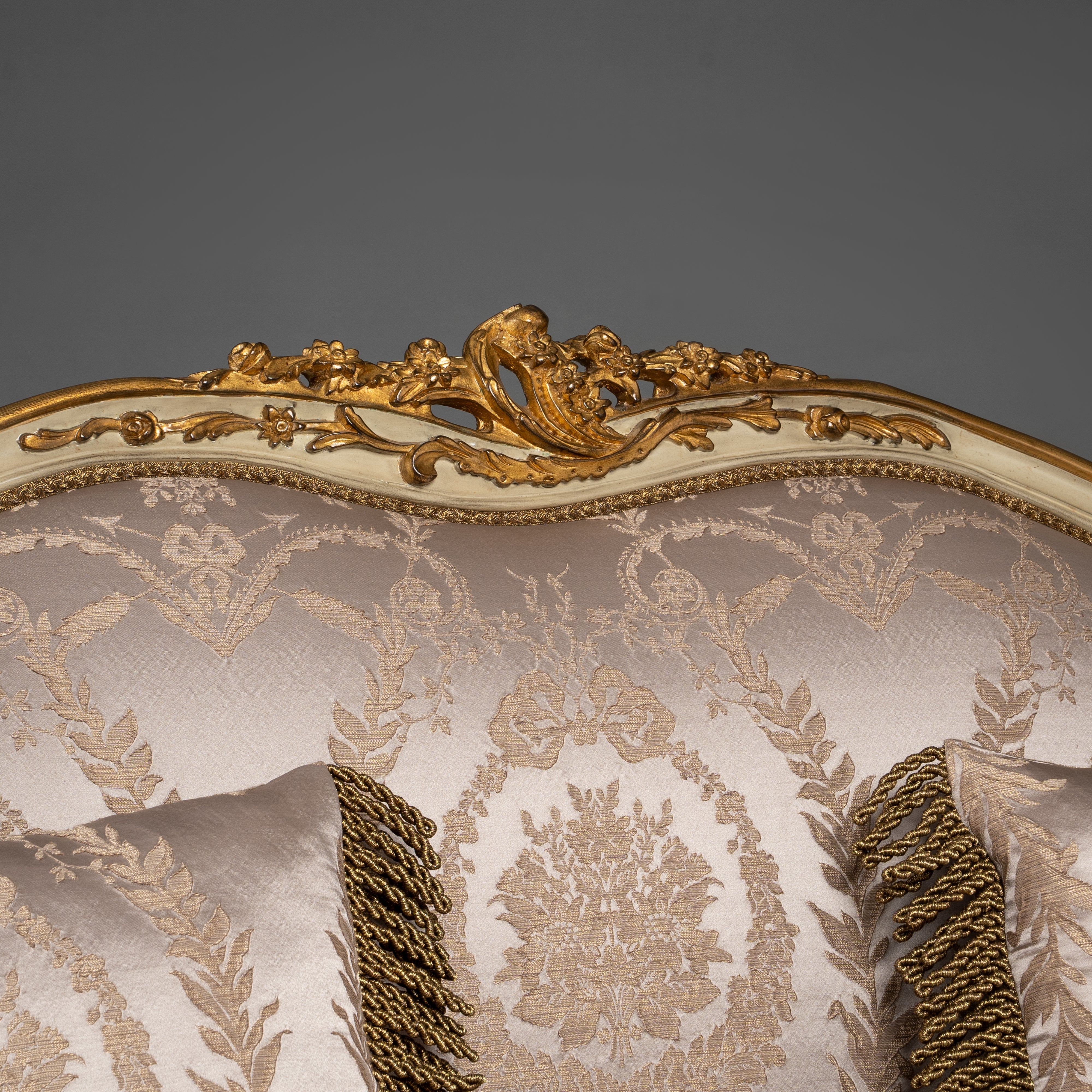 Louis XV-Style Sofa with Ivory and Gold Brocade Upholstery and Gilded Accents