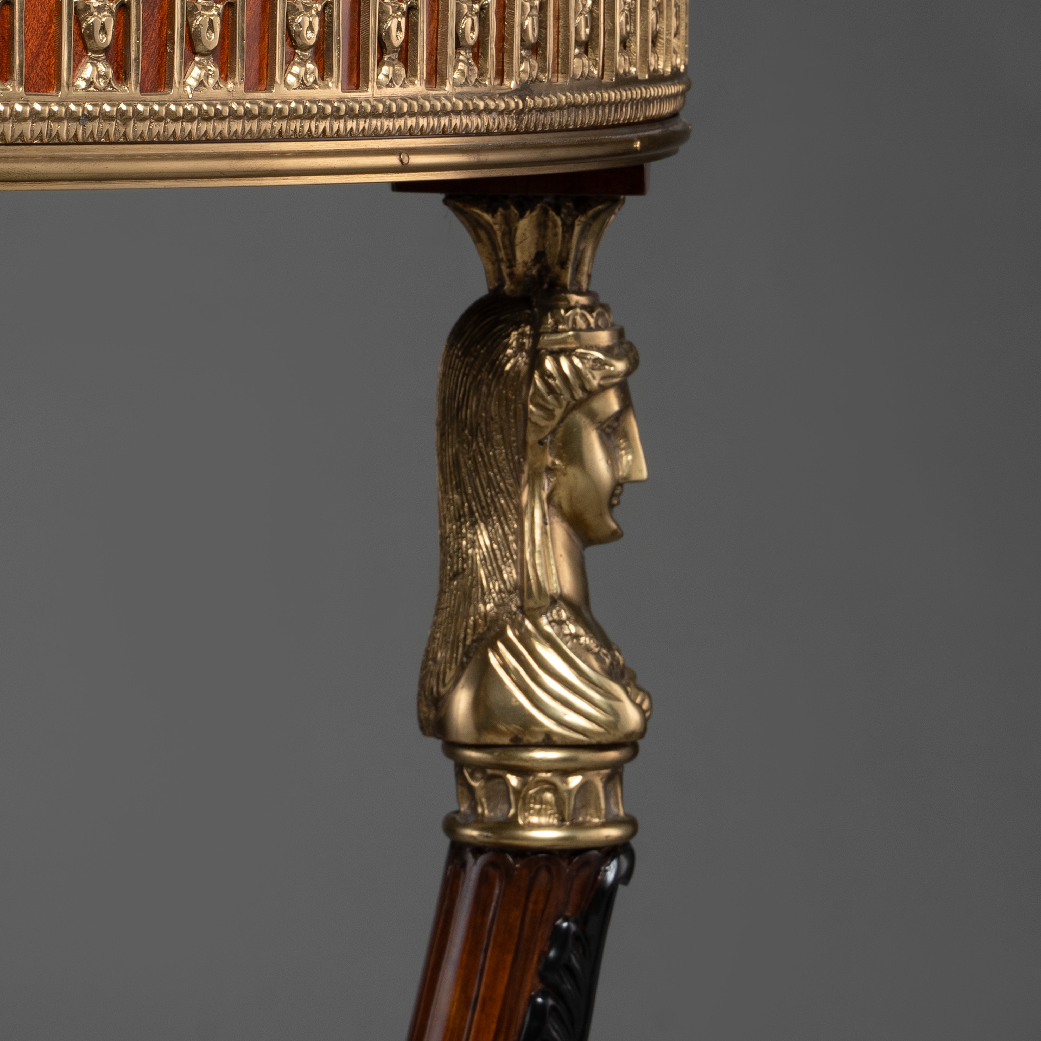 Neoclassical Demilune Console Table with Brass Accents and Carved Figures