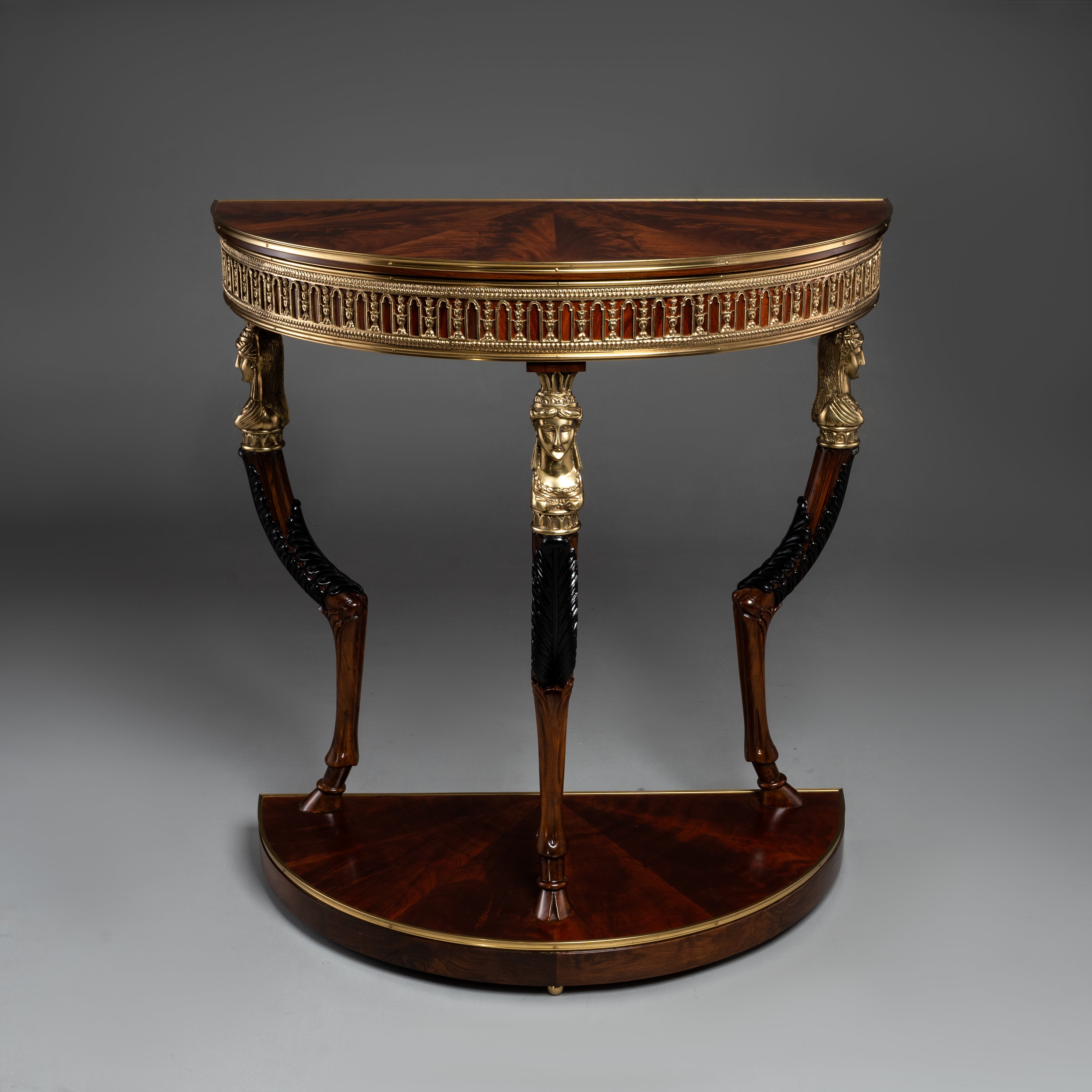 Neoclassical Demilune Console Table with Brass Accents and Carved Figures