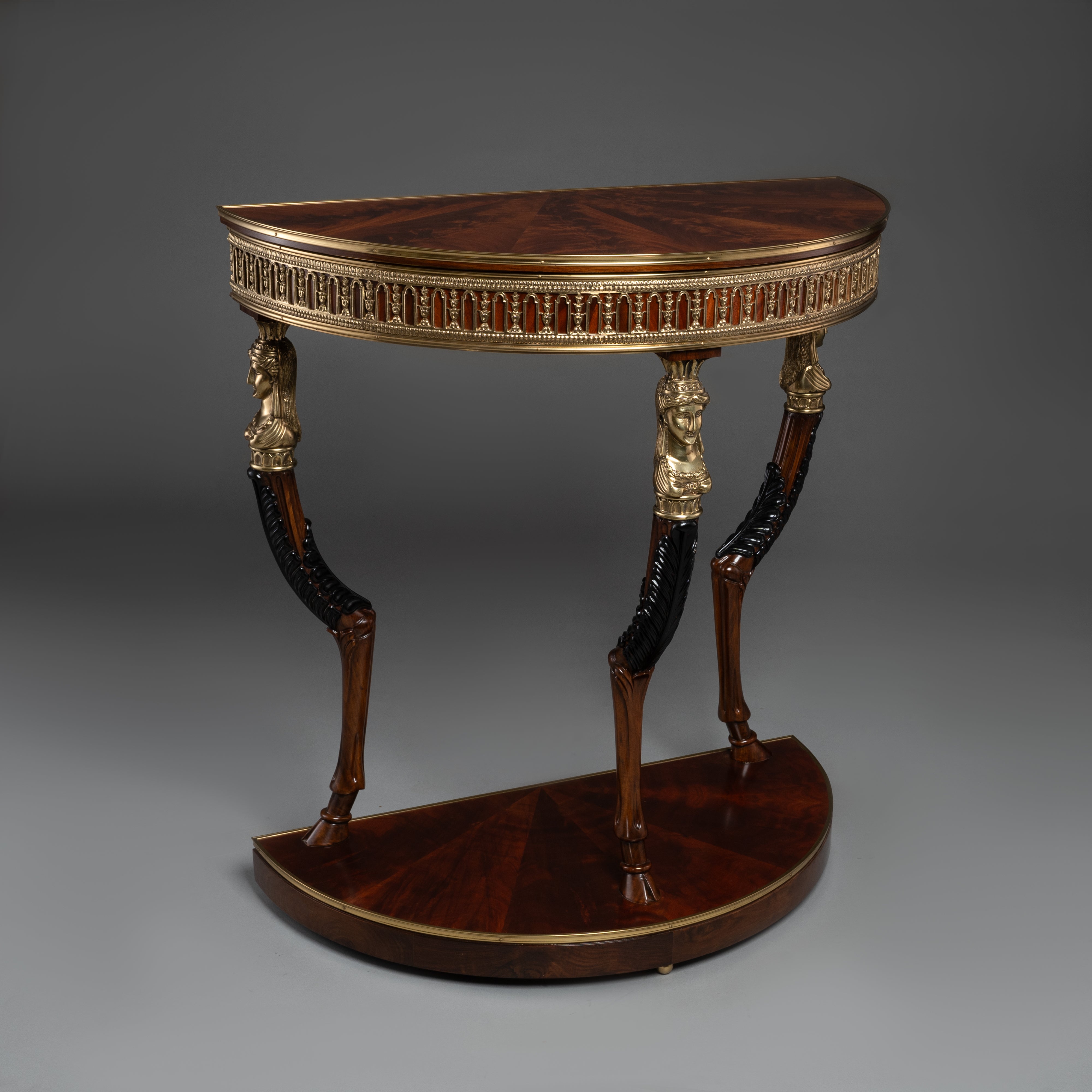 Neoclassical Demilune Console Table with Brass Accents and Carved Figures
