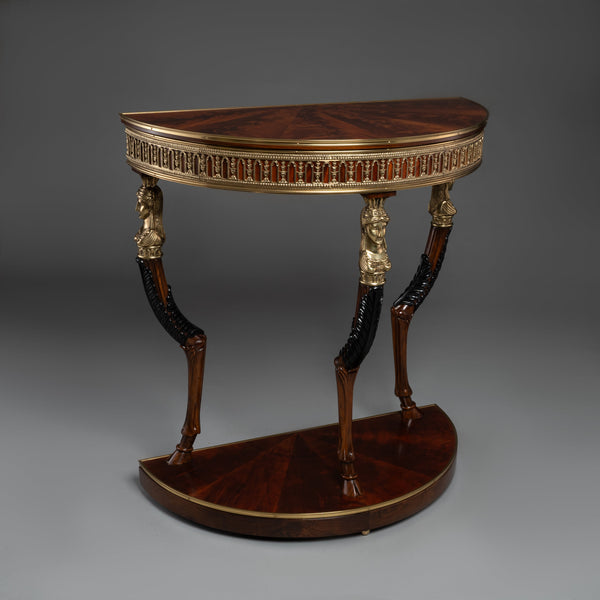 Neoclassical Demilune Console Table with Brass Accents and Carved Figures