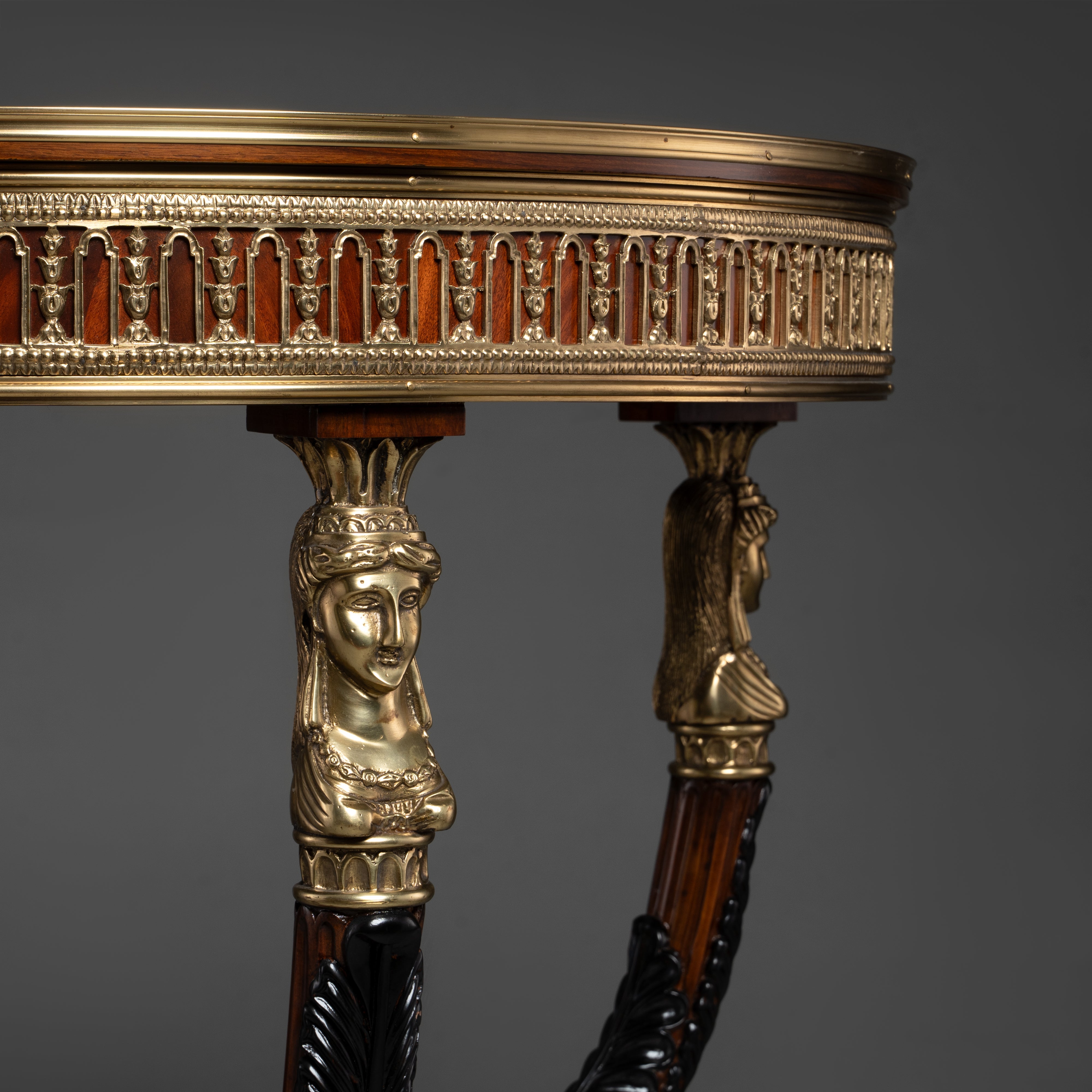 Neoclassical Demilune Console Table with Brass Accents and Carved Figures