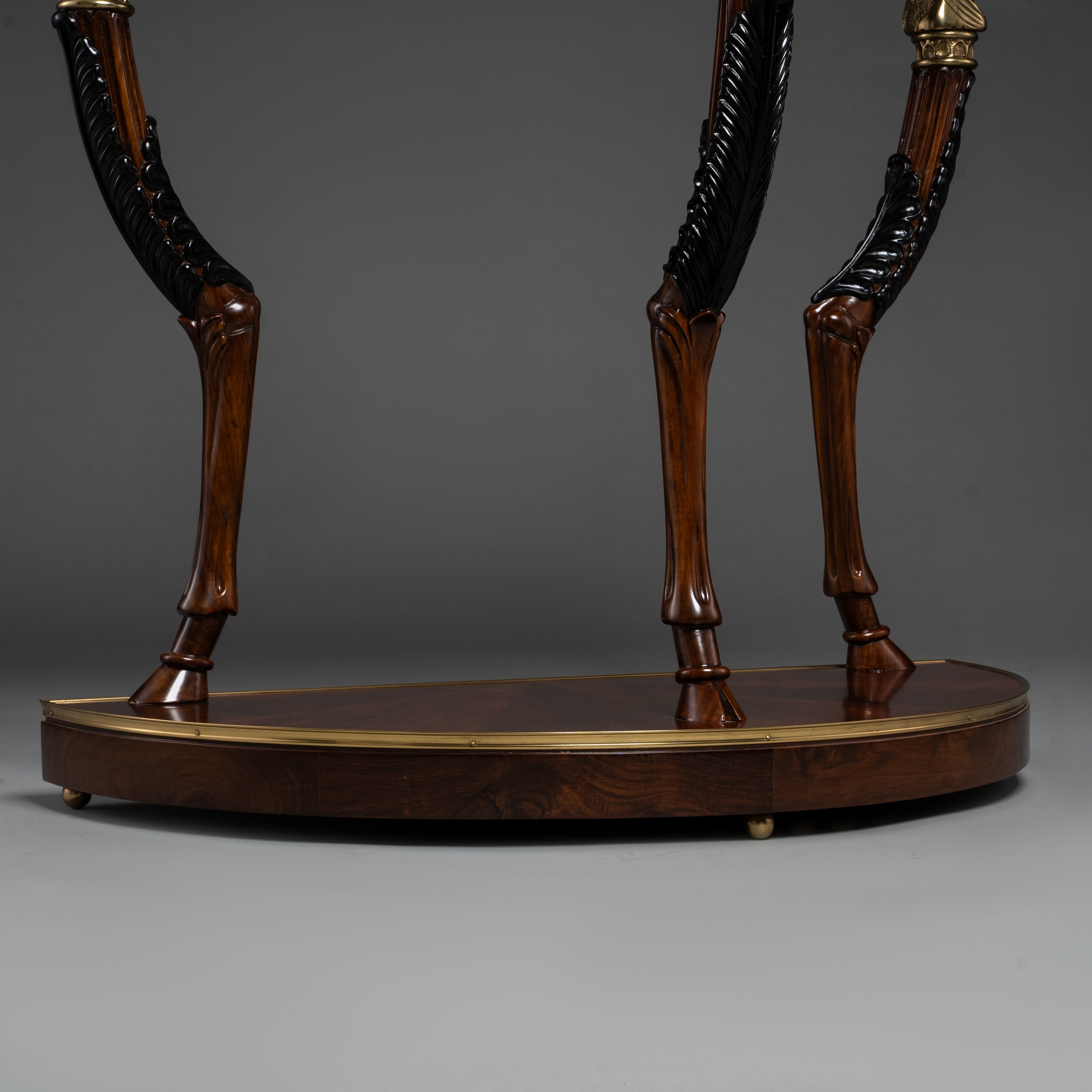 Neoclassical Demilune Console Table with Brass Accents and Carved Figures