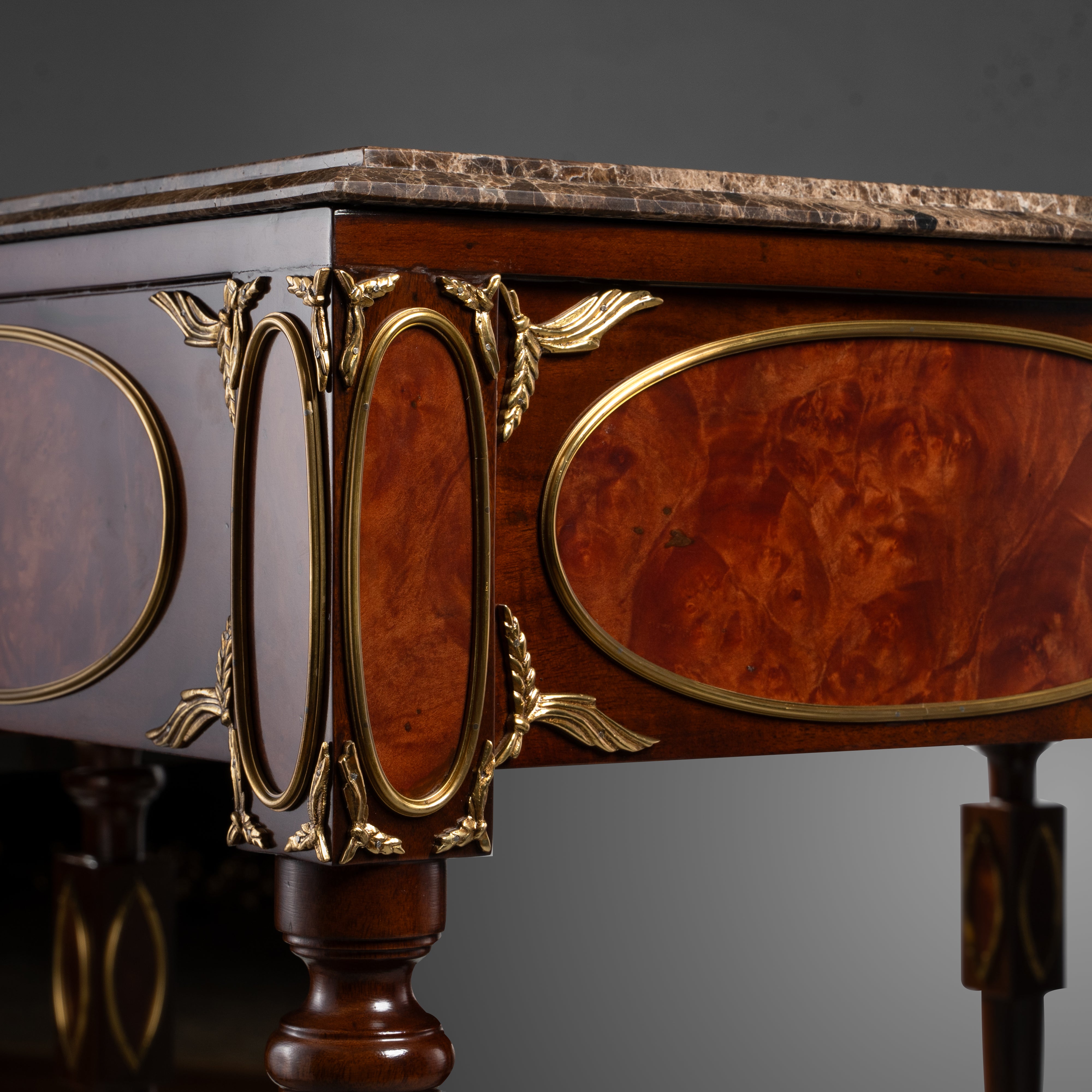 Empire Style Console Table with Marble Top and Brass Inlay Details