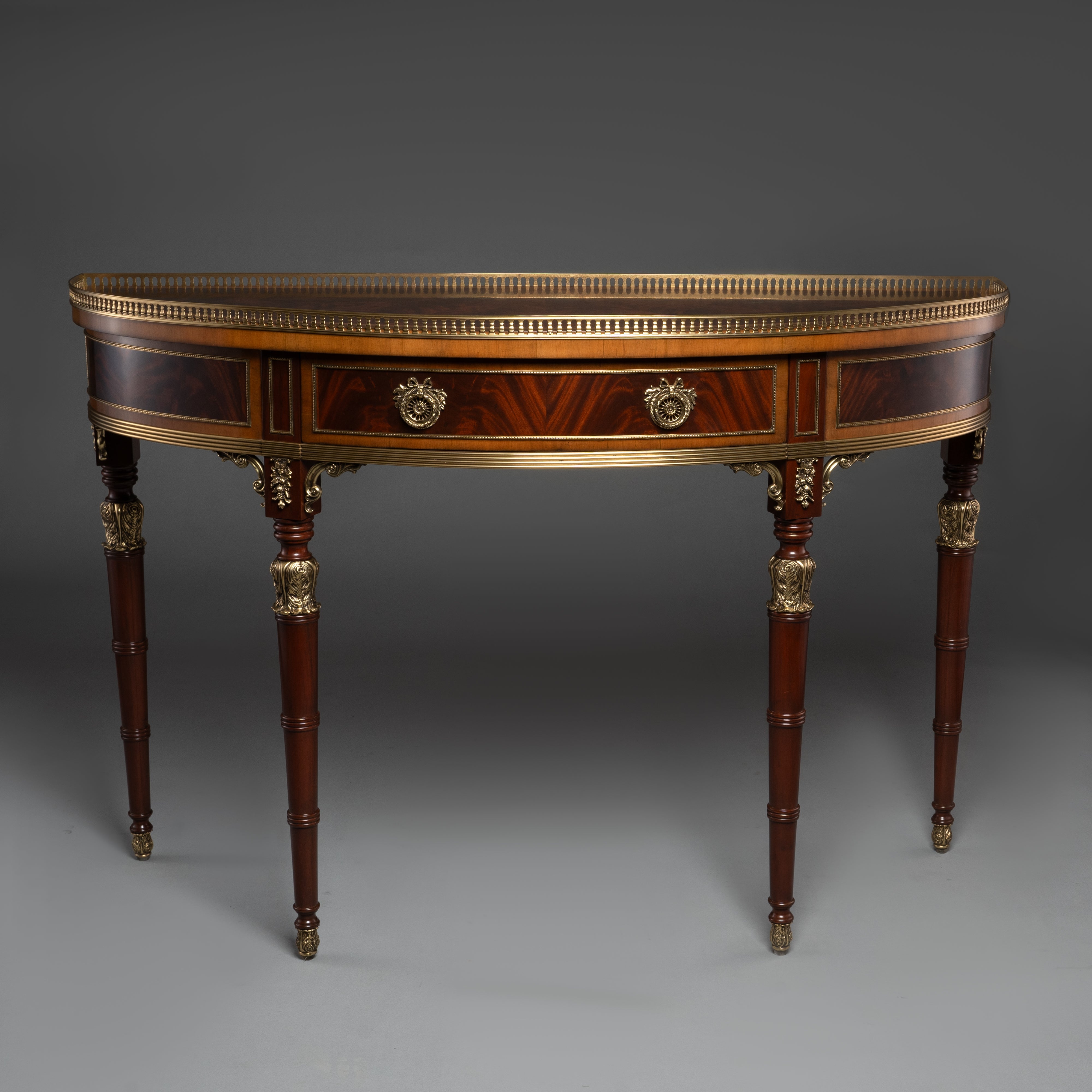 Neoclassical Demilune Console Table with Brass Trim and Mahogany Veneer