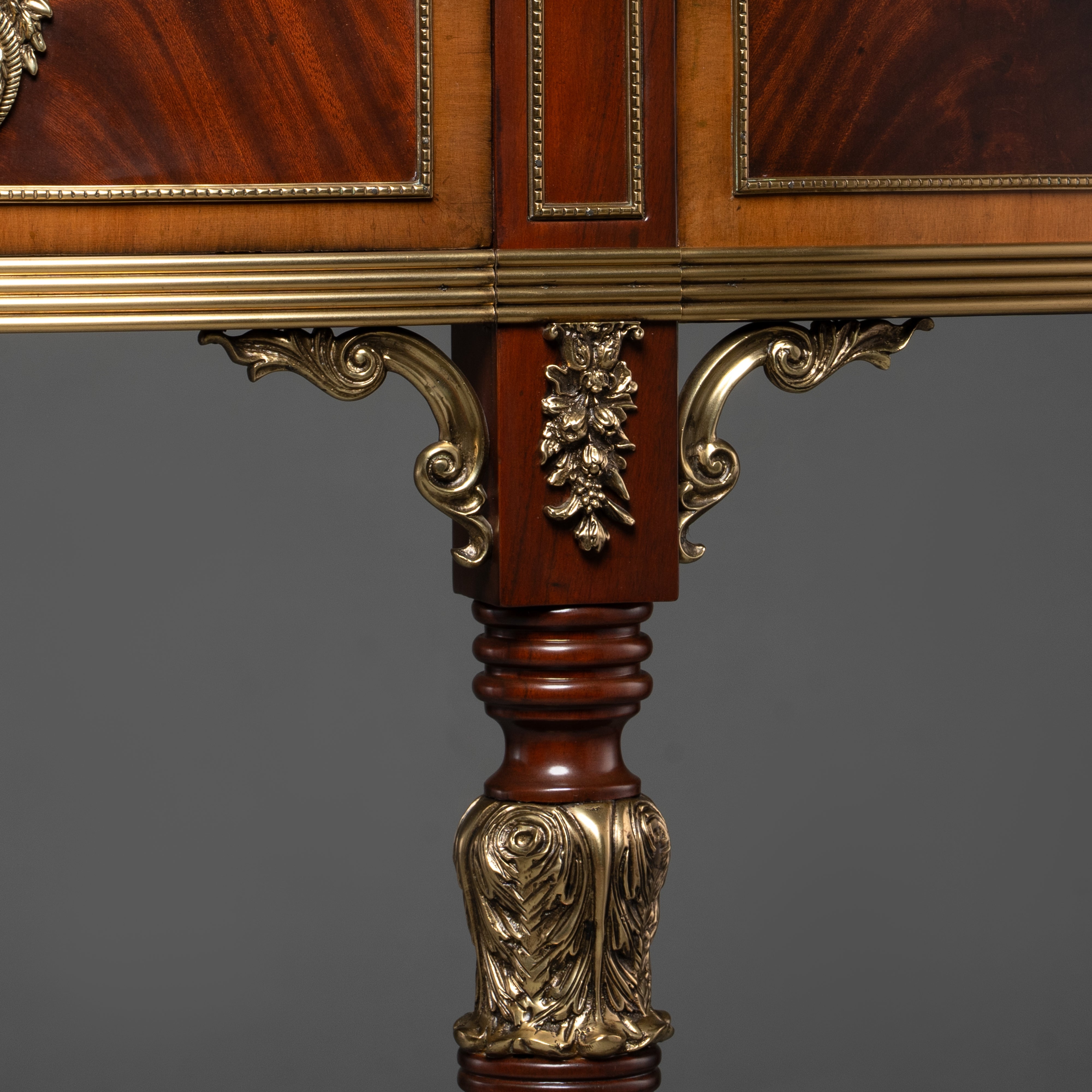 Neoclassical Demilune Console Table with Brass Trim and Mahogany Veneer