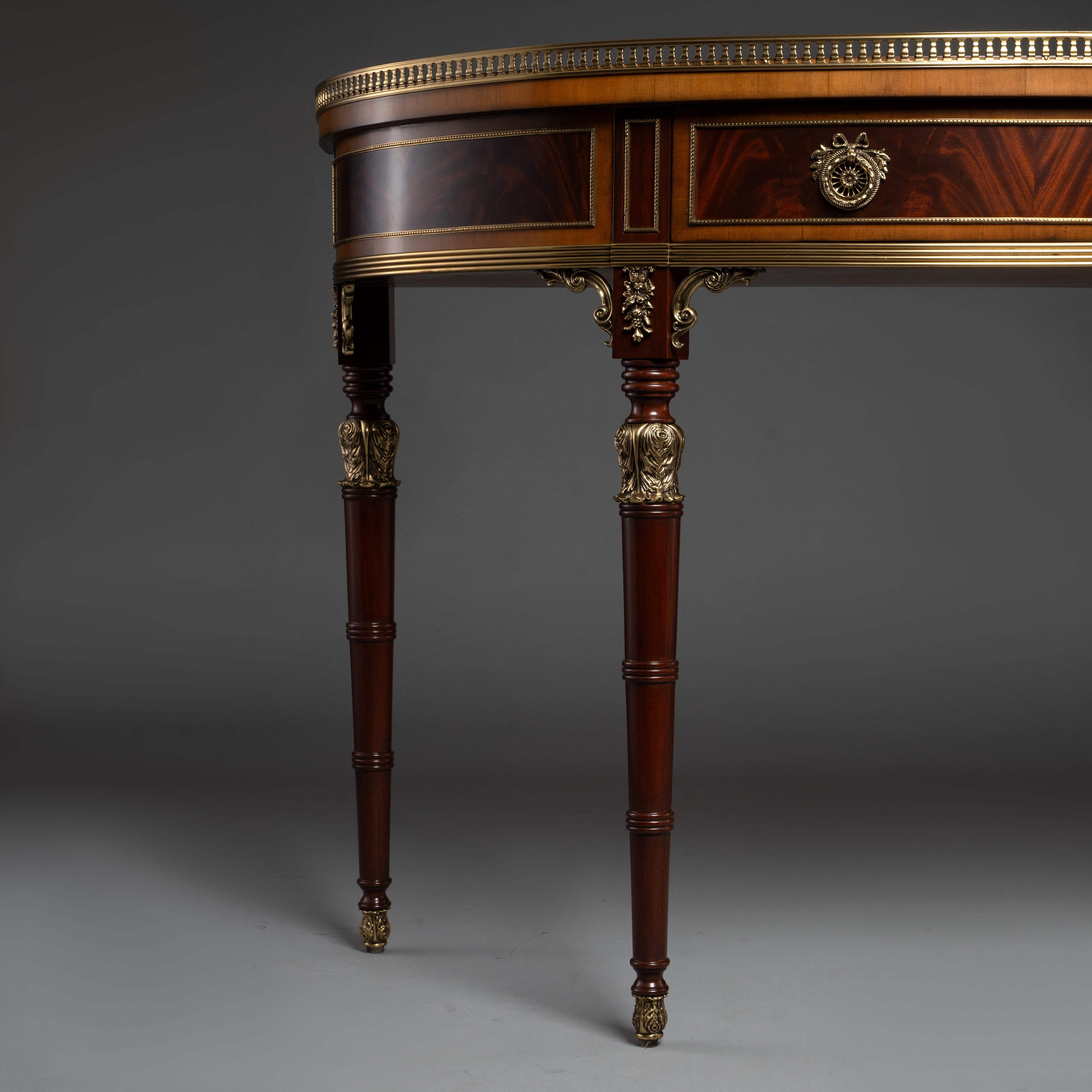 Neoclassical Demilune Console Table with Brass Trim and Mahogany Veneer