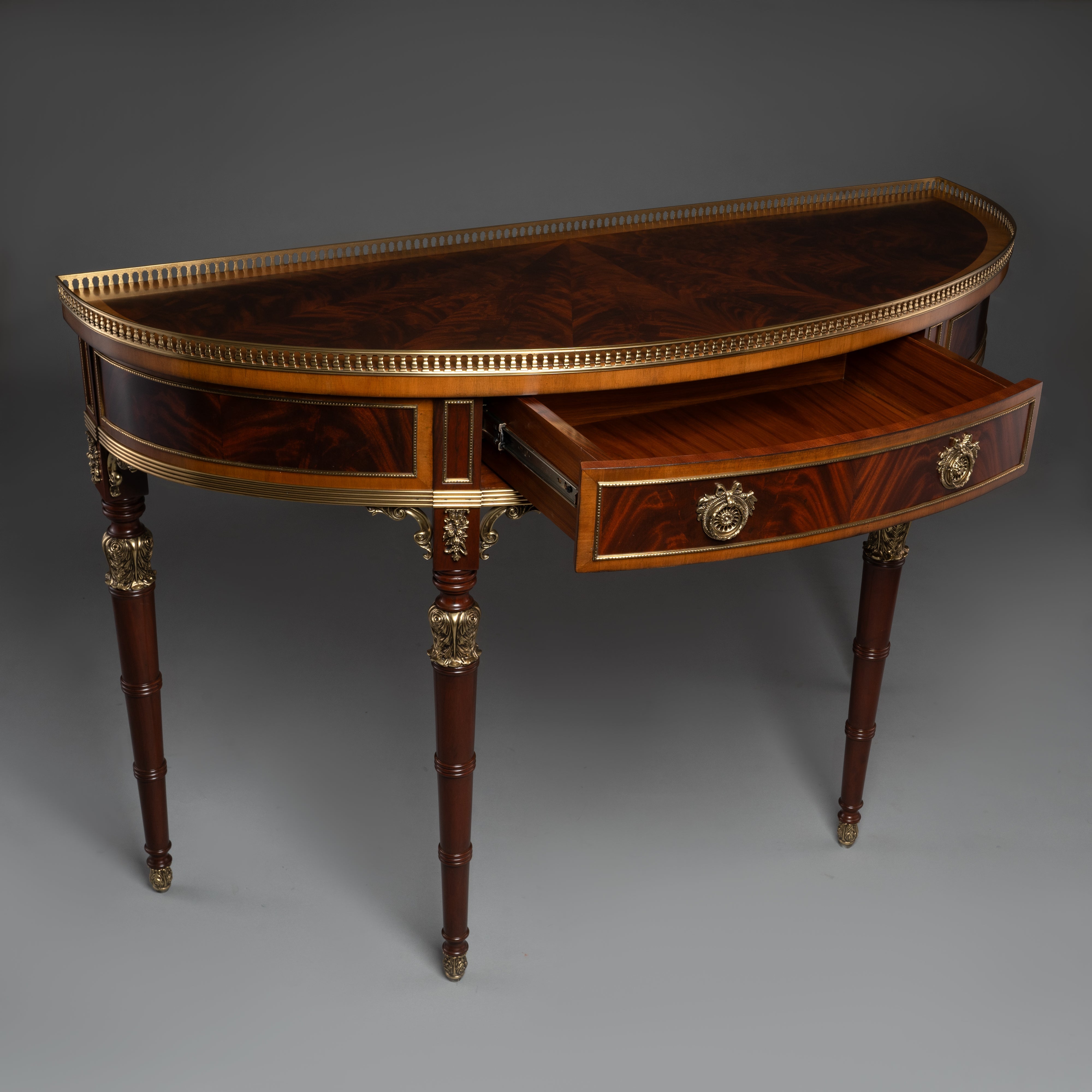 Neoclassical Demilune Console Table with Brass Trim and Mahogany Veneer