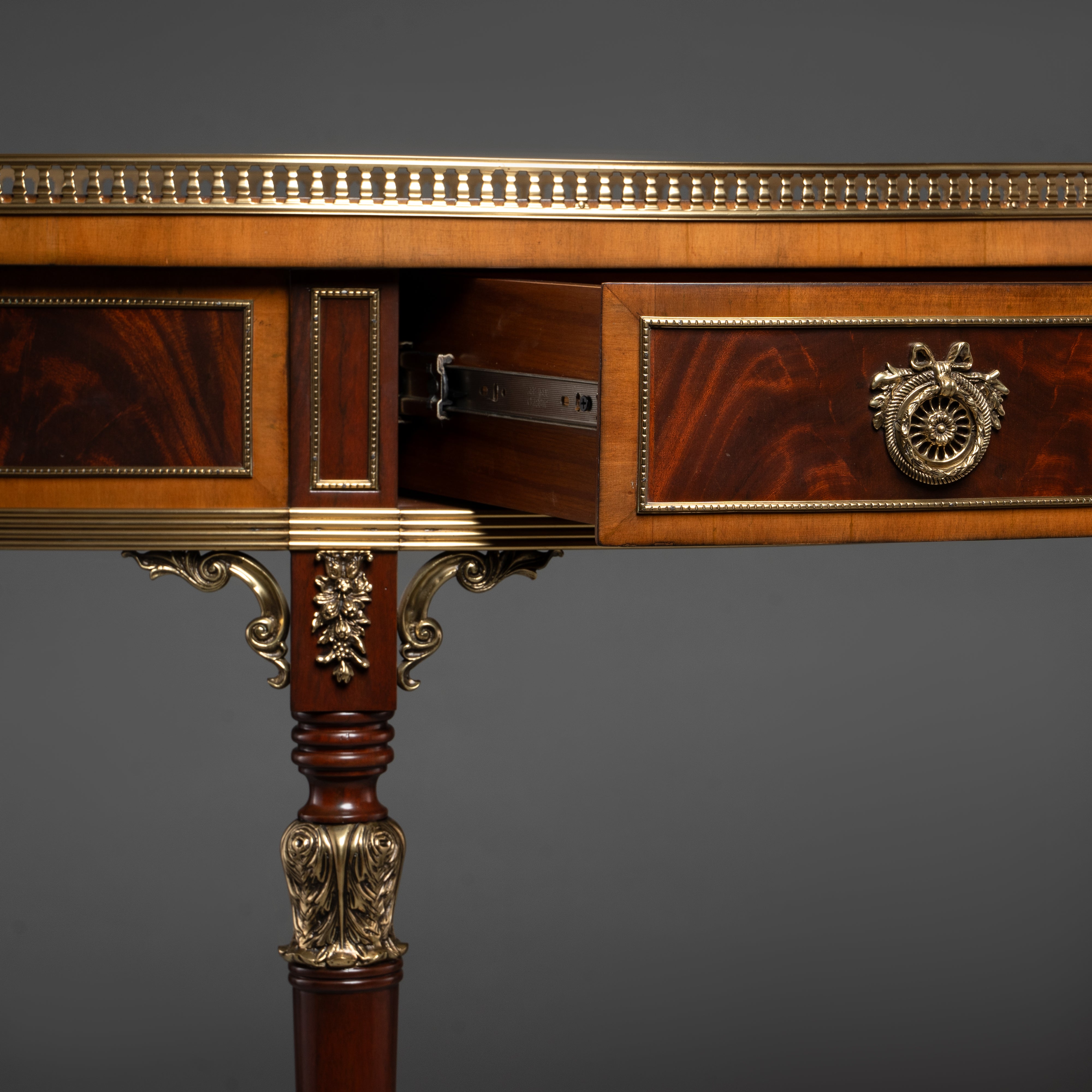 Neoclassical Demilune Console Table with Brass Trim and Mahogany Veneer
