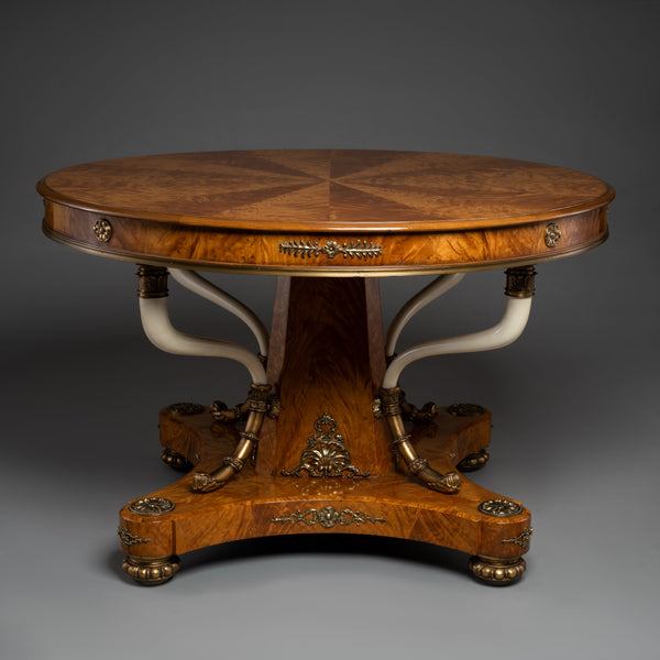 Regency Style Round Table with Inlaid Burl Wood and Ornate Brass Accents