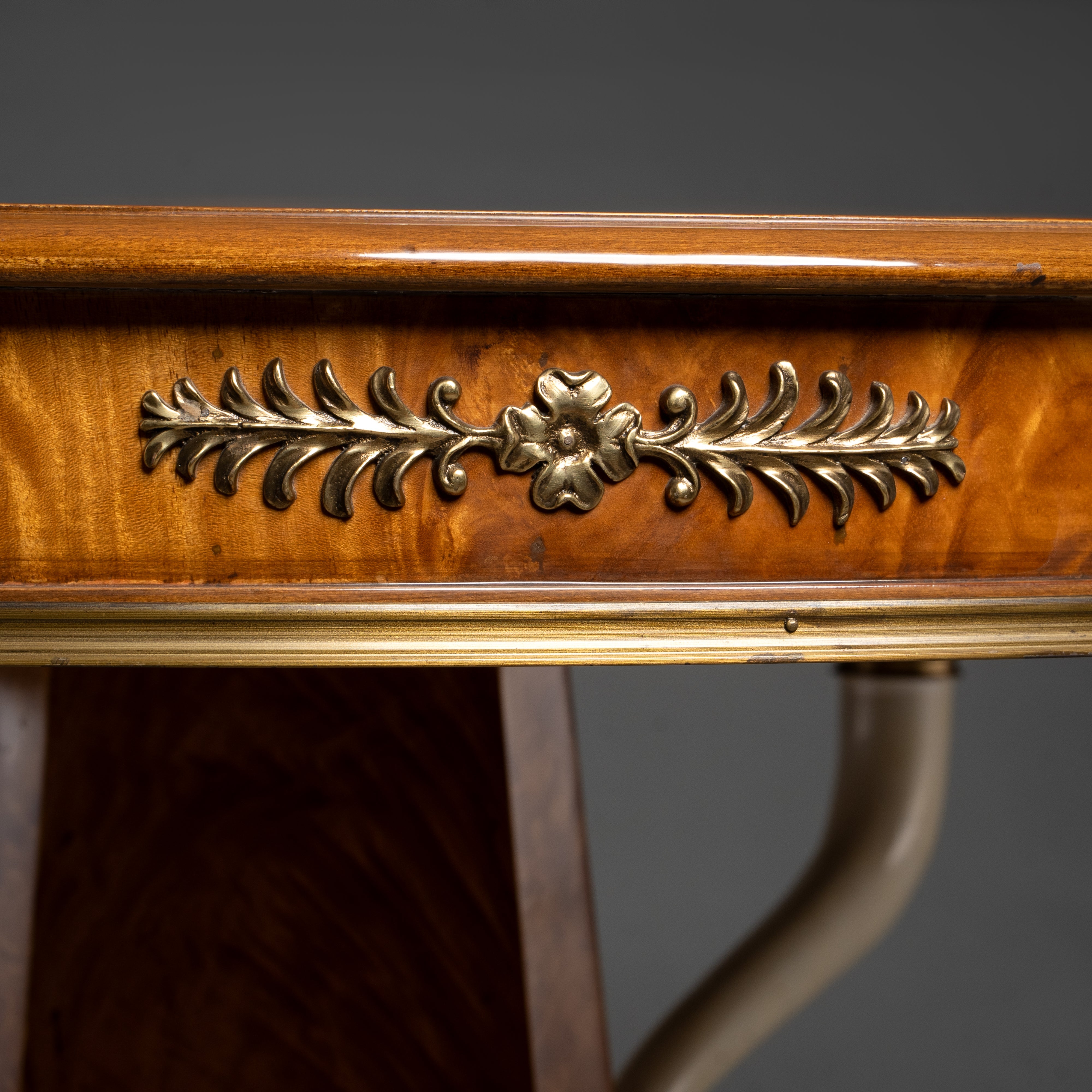 Regency Style Round Table with Inlaid Burl Wood and Ornate Brass Accents