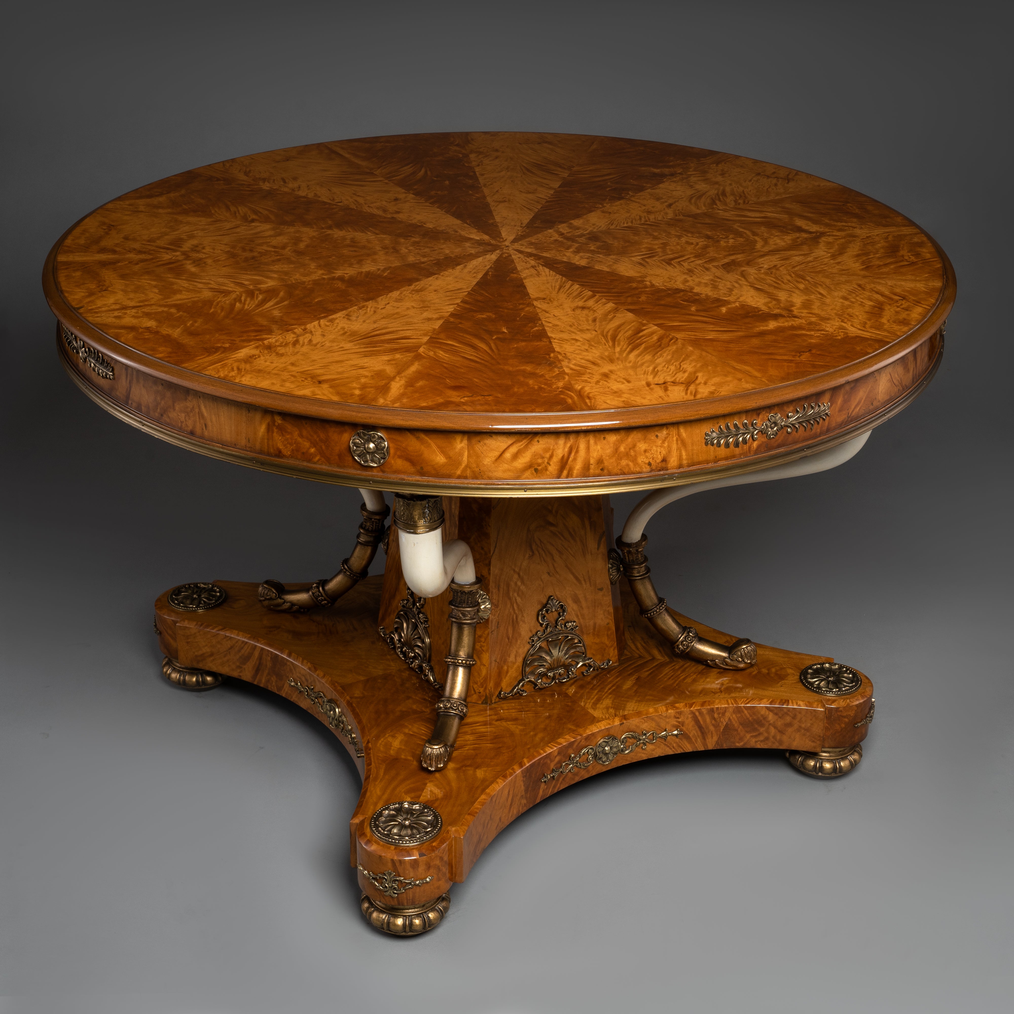 Regency Style Round Table with Inlaid Burl Wood and Ornate Brass Accents