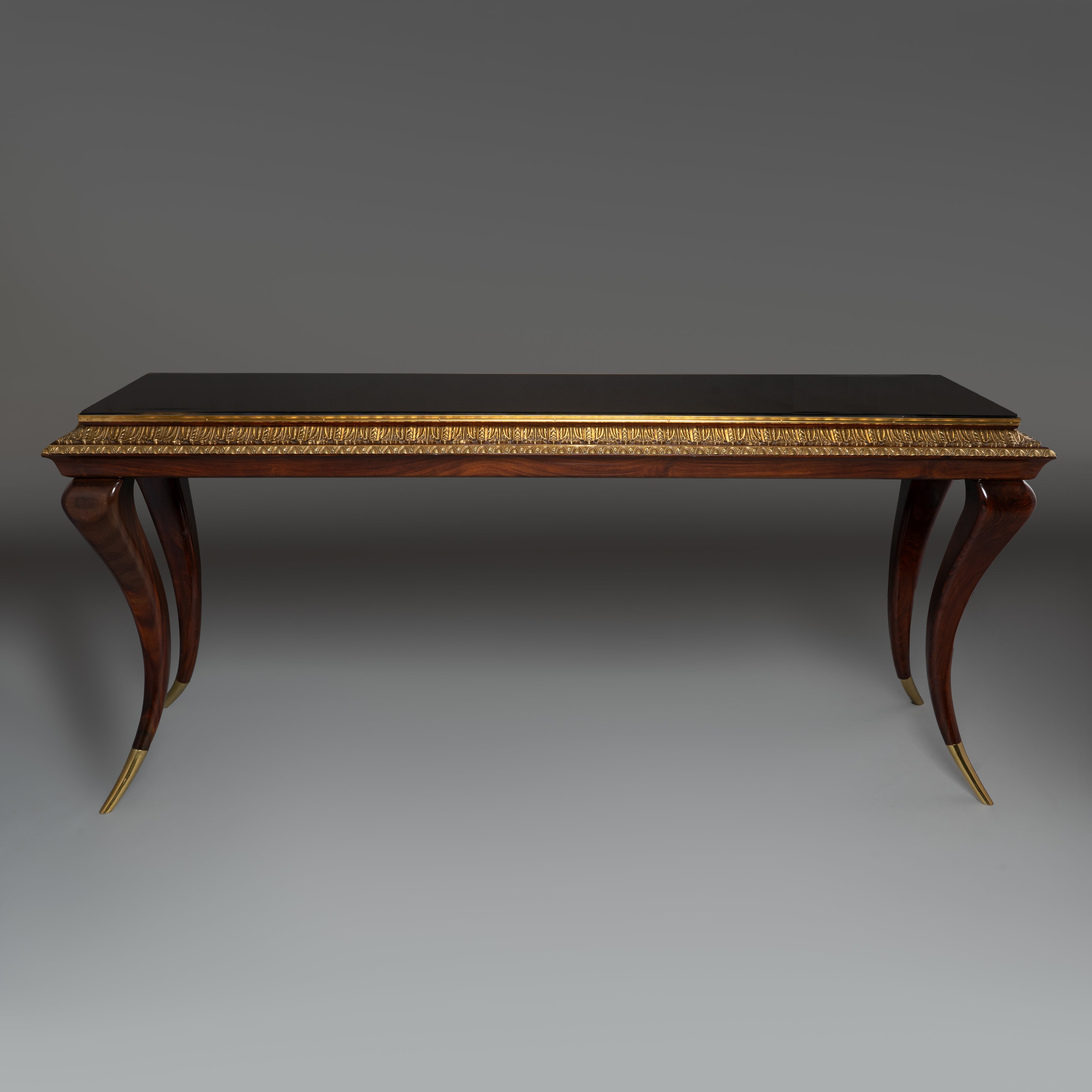 Modernist Console Table with Brass Accents and Curved Legs