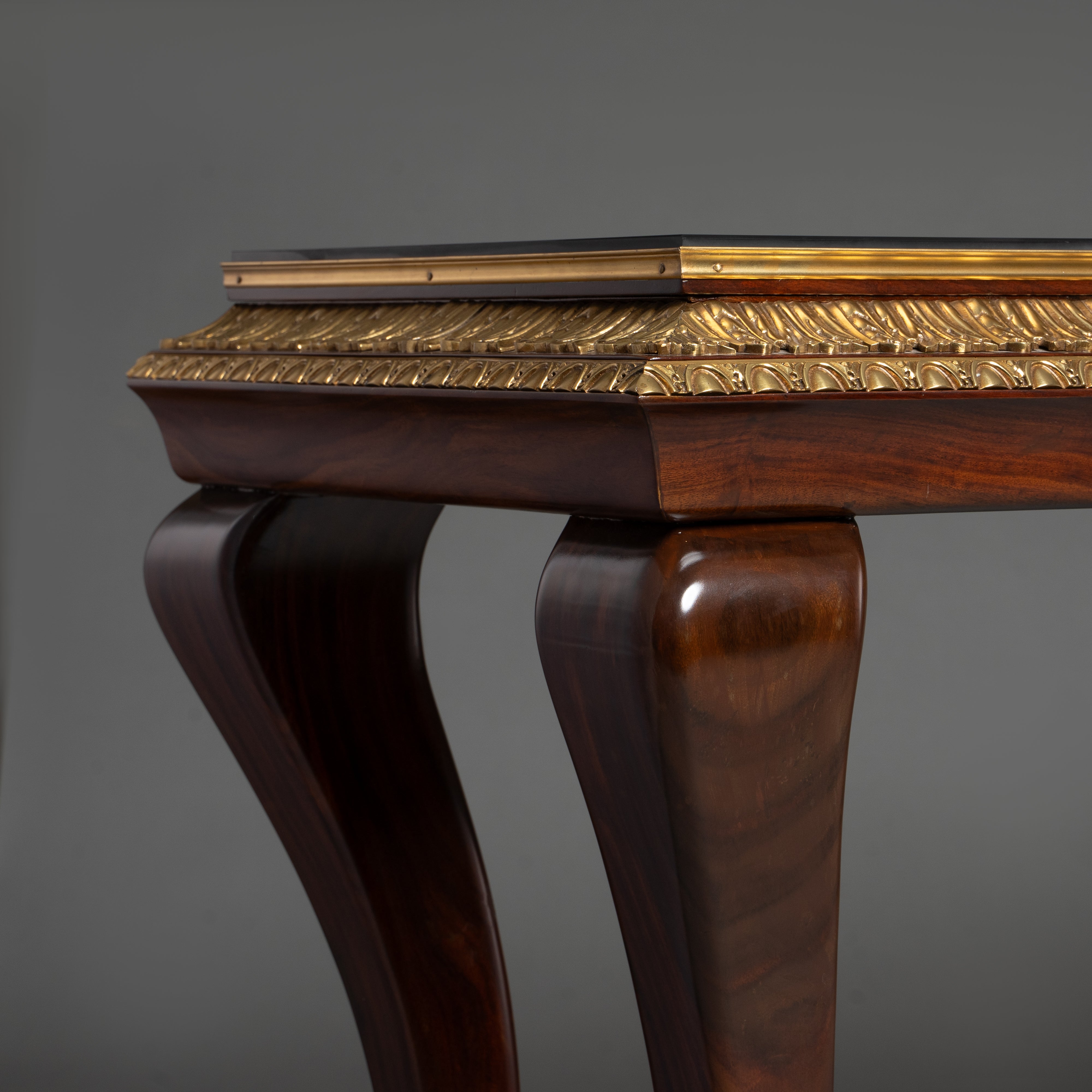 Modernist Console Table with Brass Accents and Curved Legs