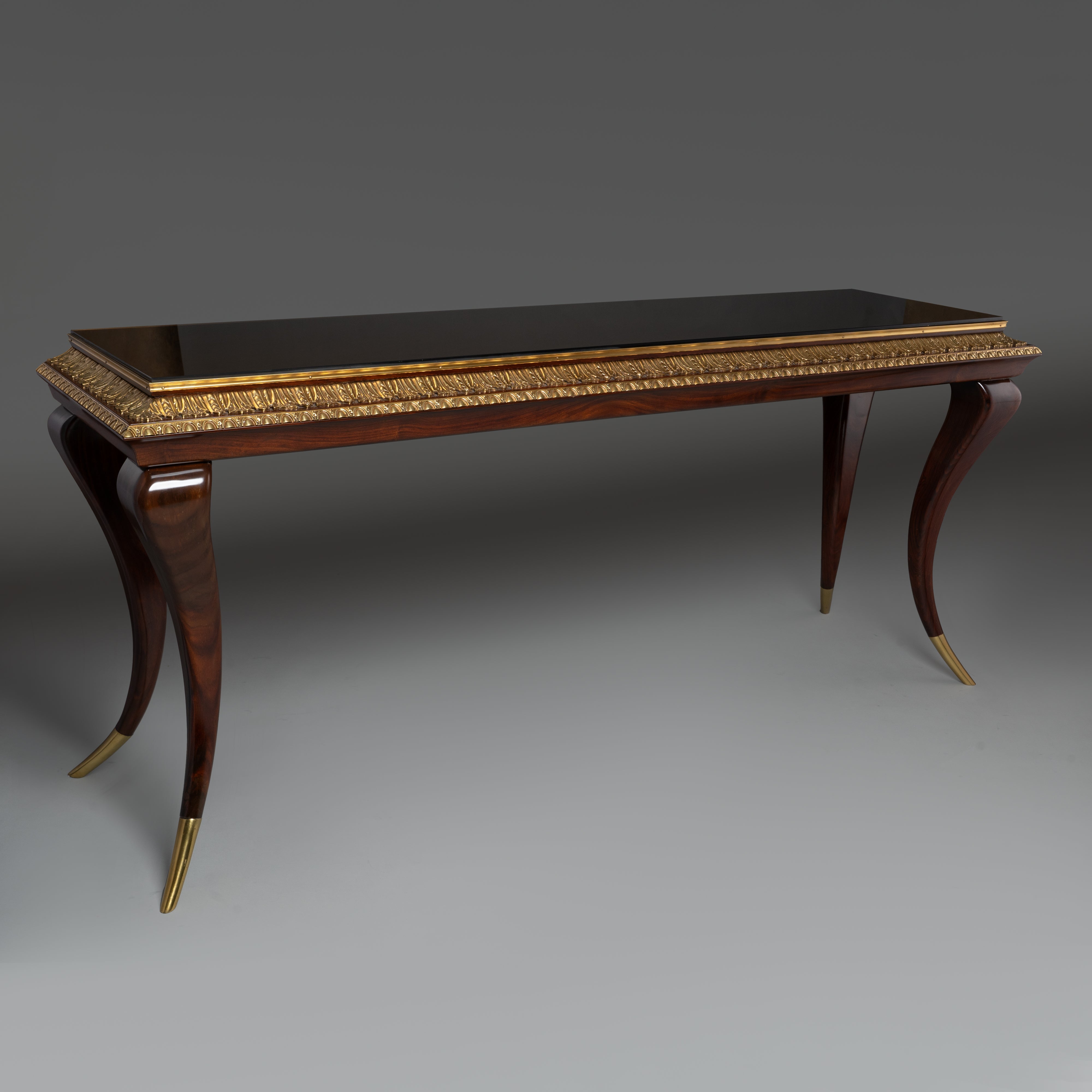 Modernist Console Table with Brass Accents and Curved Legs